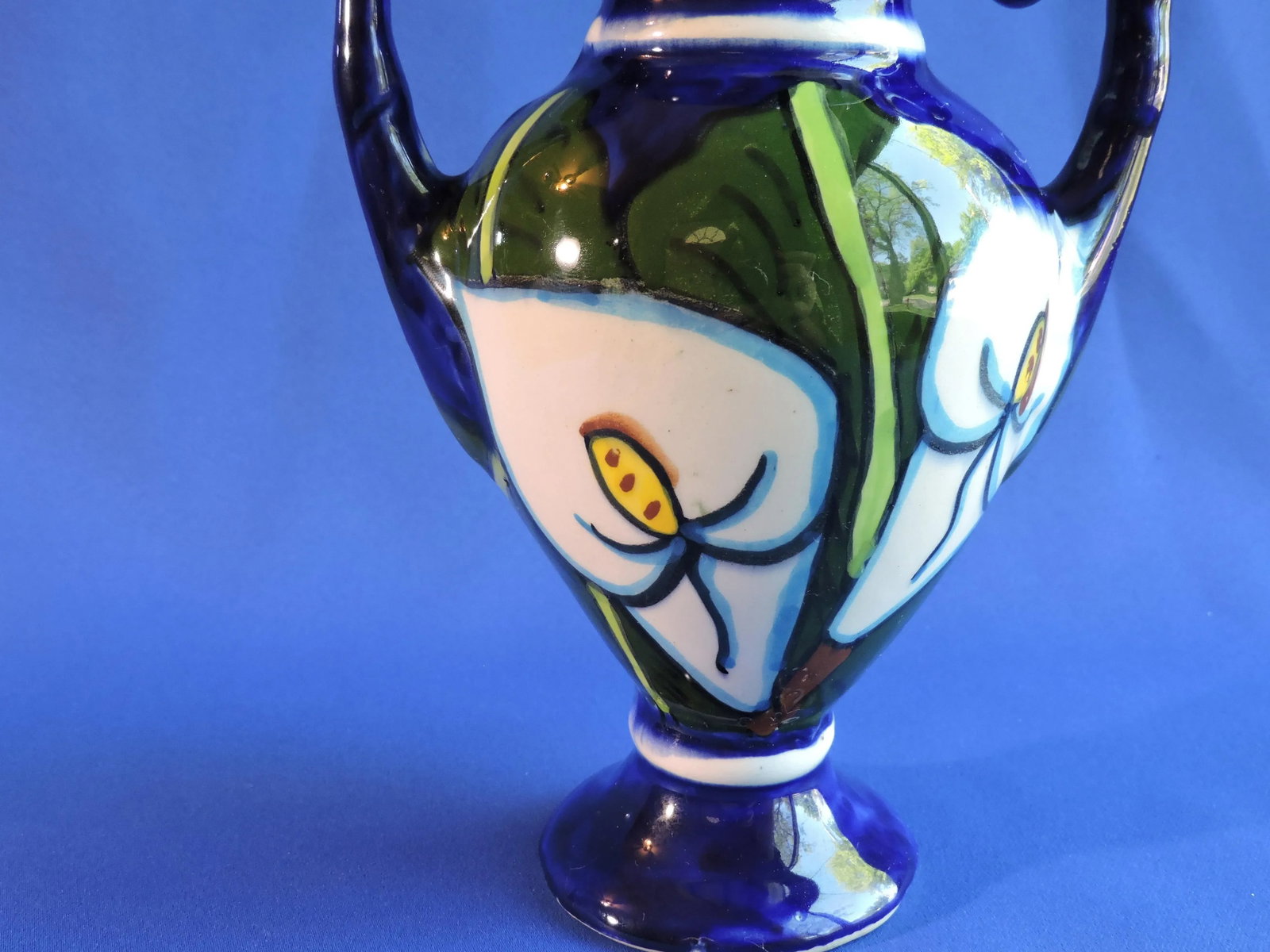 Vintage Italian Studio Art Pottery Two Handled Vase Cobalt Blue Hand Glazed Jack in the Pulpit Flowe - 3