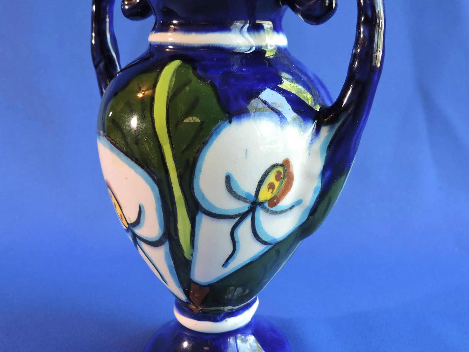 Vintage Italian Studio Art Pottery Two Handled Vase Cobalt Blue Hand Glazed Jack in the Pulpit Flowe - 4