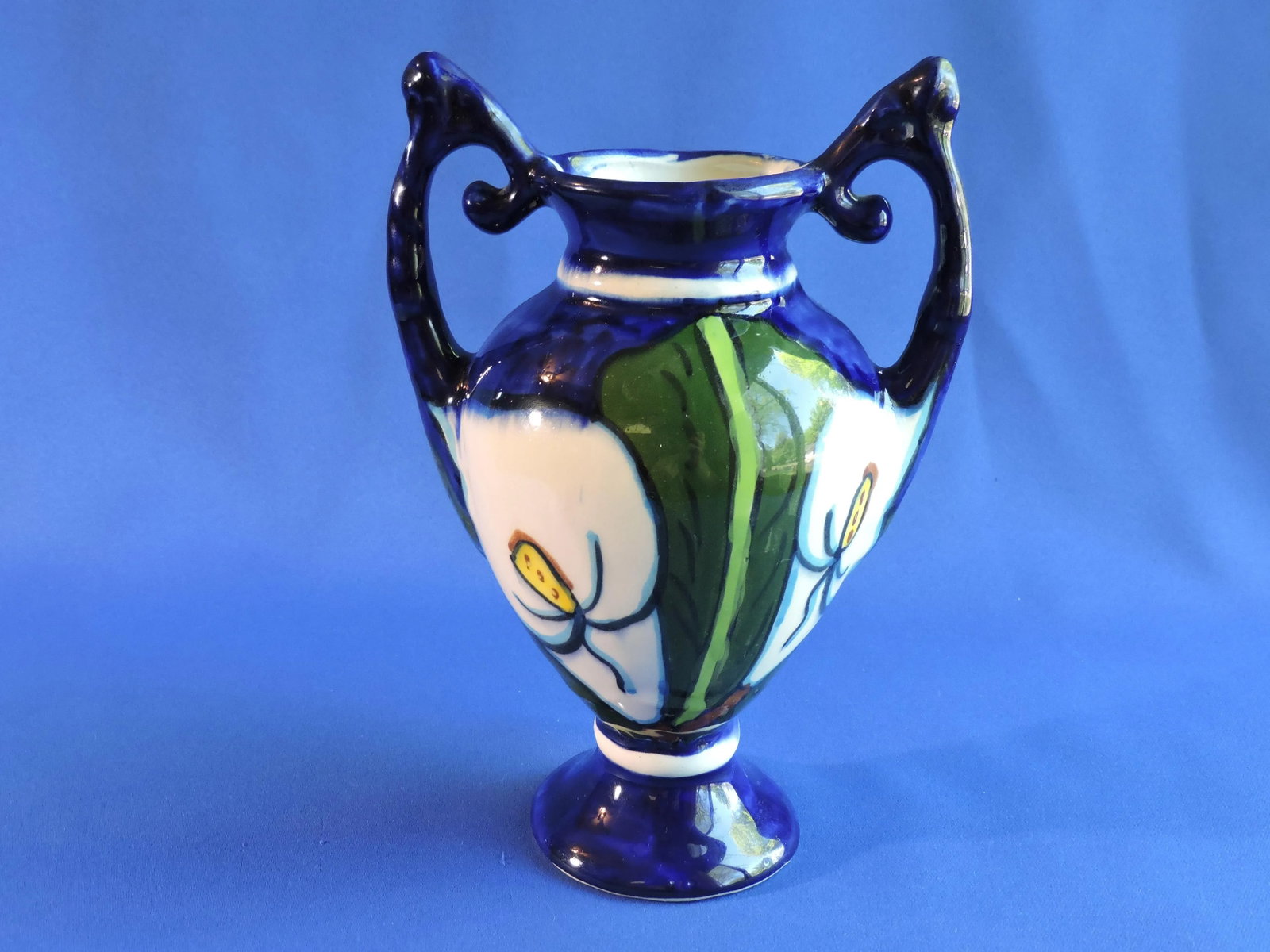 Vintage Italian Studio Art Pottery Two Handled Vase Cobalt Blue Hand Glazed Jack in the Pulpit Flowe - 5