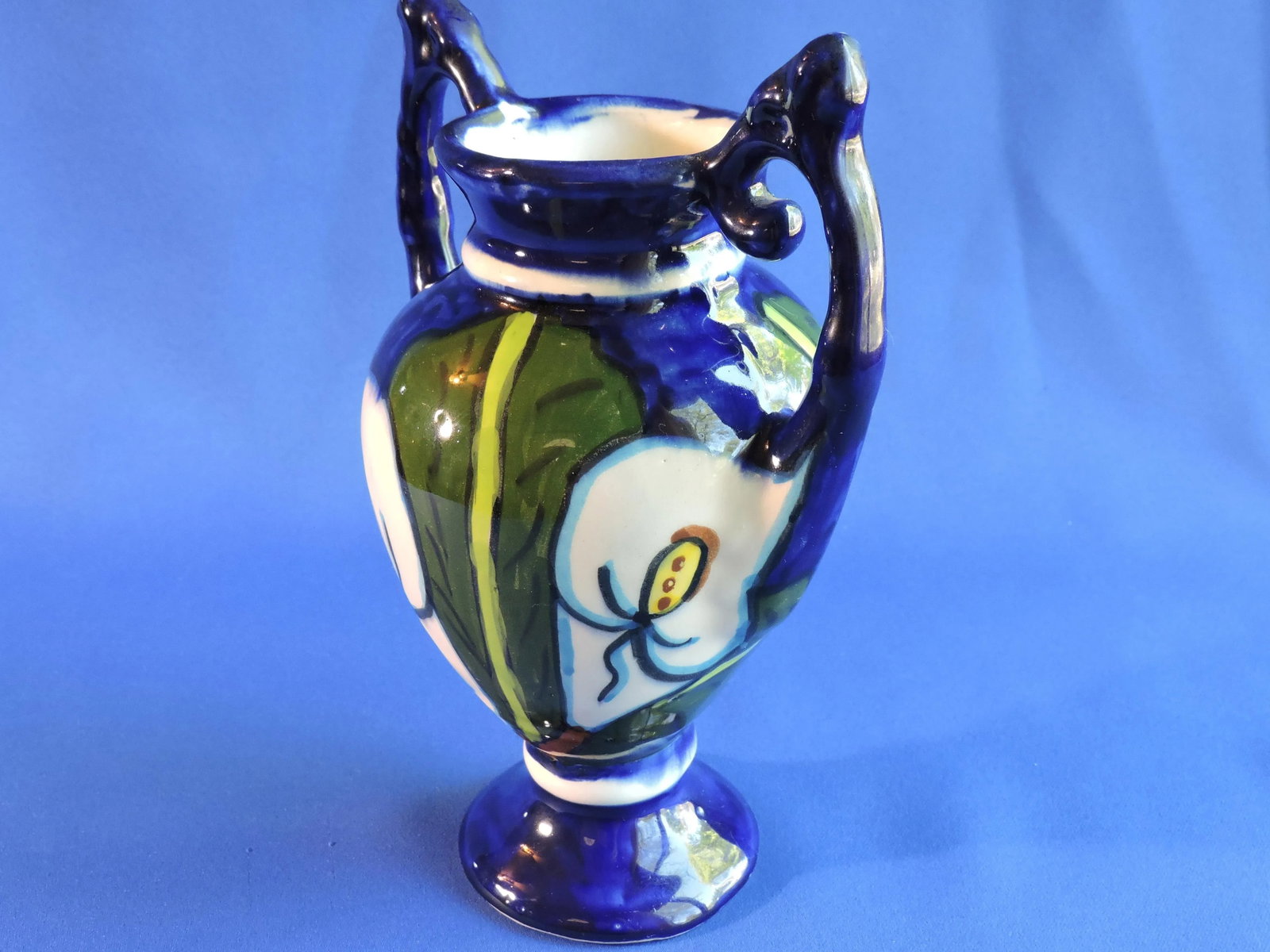 Vintage Italian Studio Art Pottery Two Handled Vase Cobalt Blue Hand Glazed Jack in the Pulpit Flowe - 7