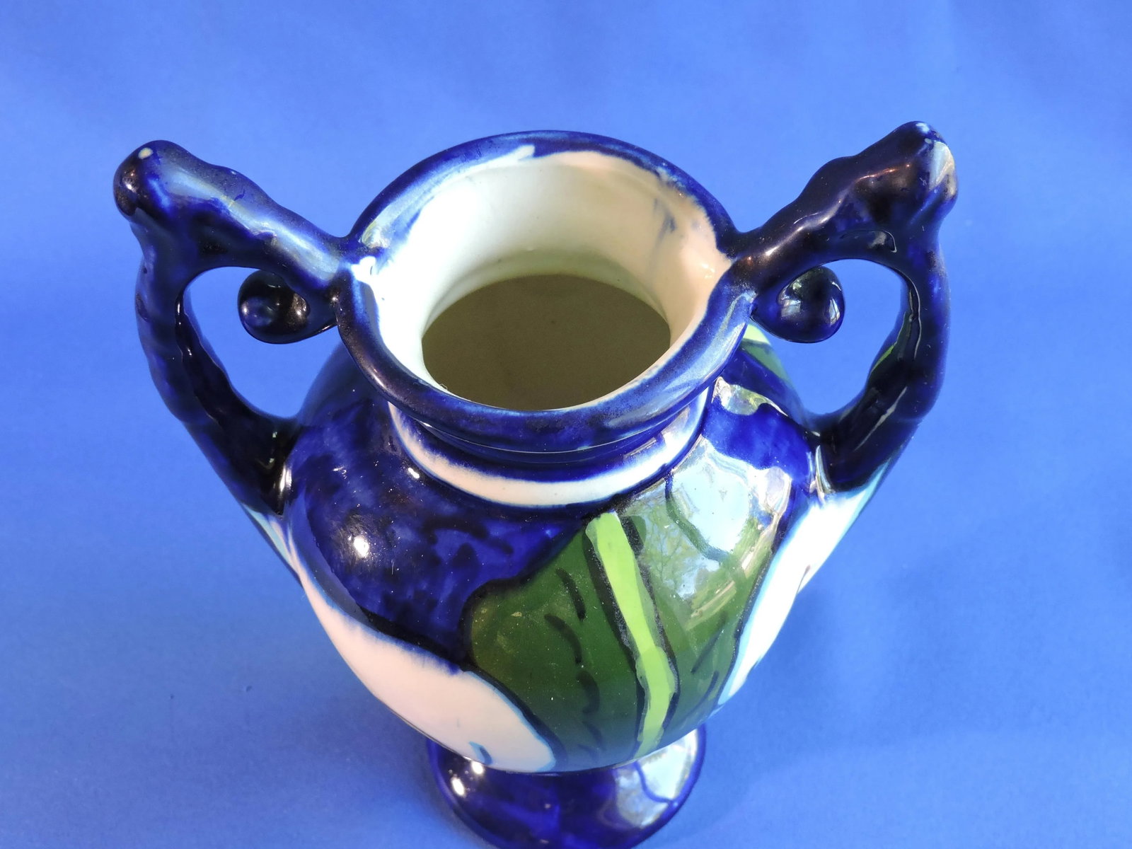 Vintage Italian Studio Art Pottery Two Handled Vase Cobalt Blue Hand Glazed Jack in the Pulpit Flowe - 8
