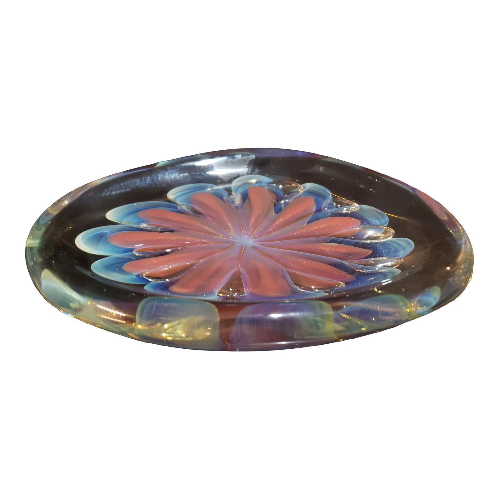 2007 Signed Robert Eickholt "Seascape" Decorative Art Glass Shallow Bowl/Dish/Paper Weight: Signed 2007 Robert Eickholt This Beautiful decorative art glass shallow bowl/dish was hand-crafted by renowned Ohio artisan Robert Eickholt. It's Fashioned from thick and heavy transparent glass that