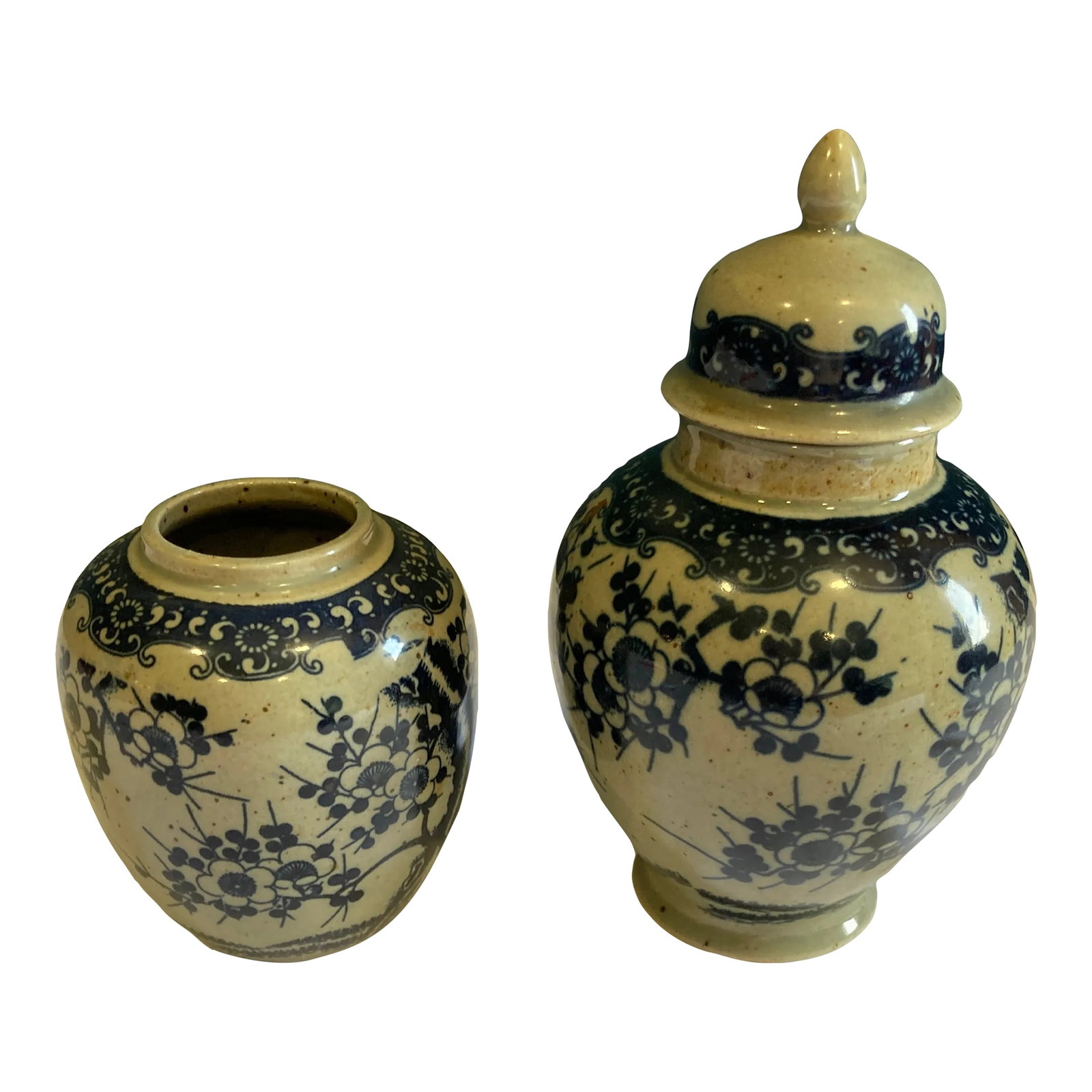 Vintage Asian Gray & Blue Urn & Vases- Set of 2: Small ceramic vase and urn. Asian style and pretty. Condition: Alterations: Original Condition Unaltered Imperfections: Some Imperfections Condition Notes: Fading to paint Origin: China Materials