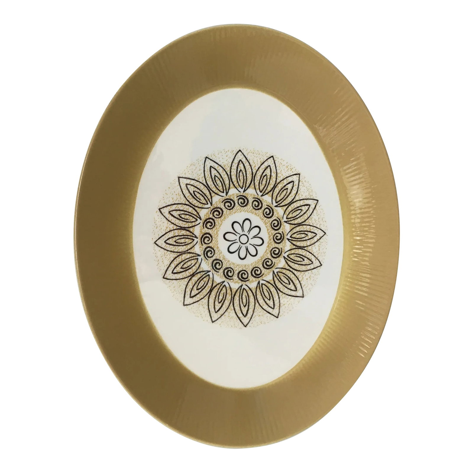 Mid 20th Century Homer Laughlin "Malibu" Floral Medallion Ceramic Platter: A classic 1960's mod serving platter with a design featuring a circle of ovals followed by a circle of spirals and a linework daisy at the center on a speckled background. Ships within 1-2 days using