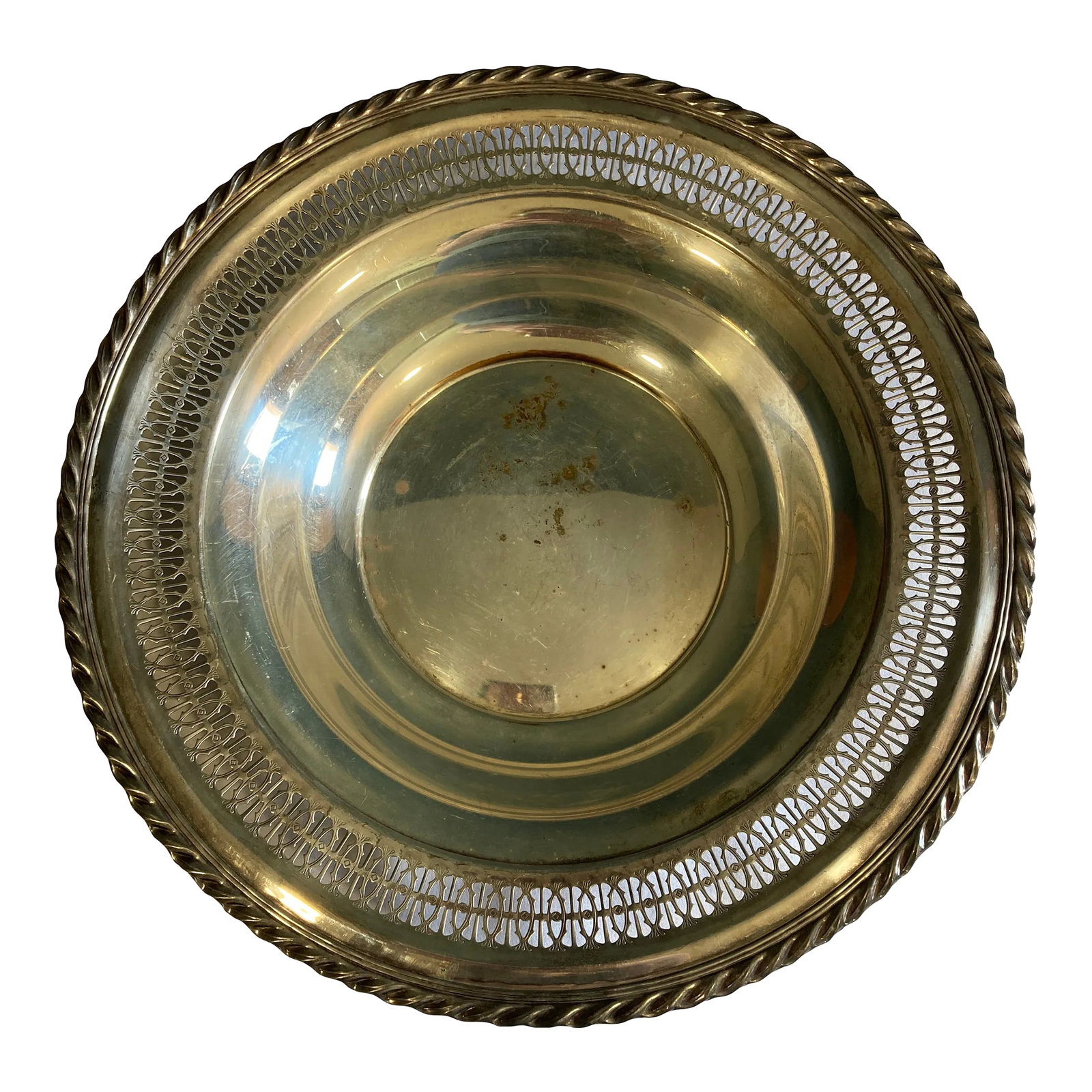 1940s Silverplate Cachepot or Bowl With Woven Edges: A very pretty bowl or cachepot with decorative edges that are cut out in a woven pattern. Very nice with vintage patina. Condition: Alterations: Original Condition Unaltered Imperfections: Some