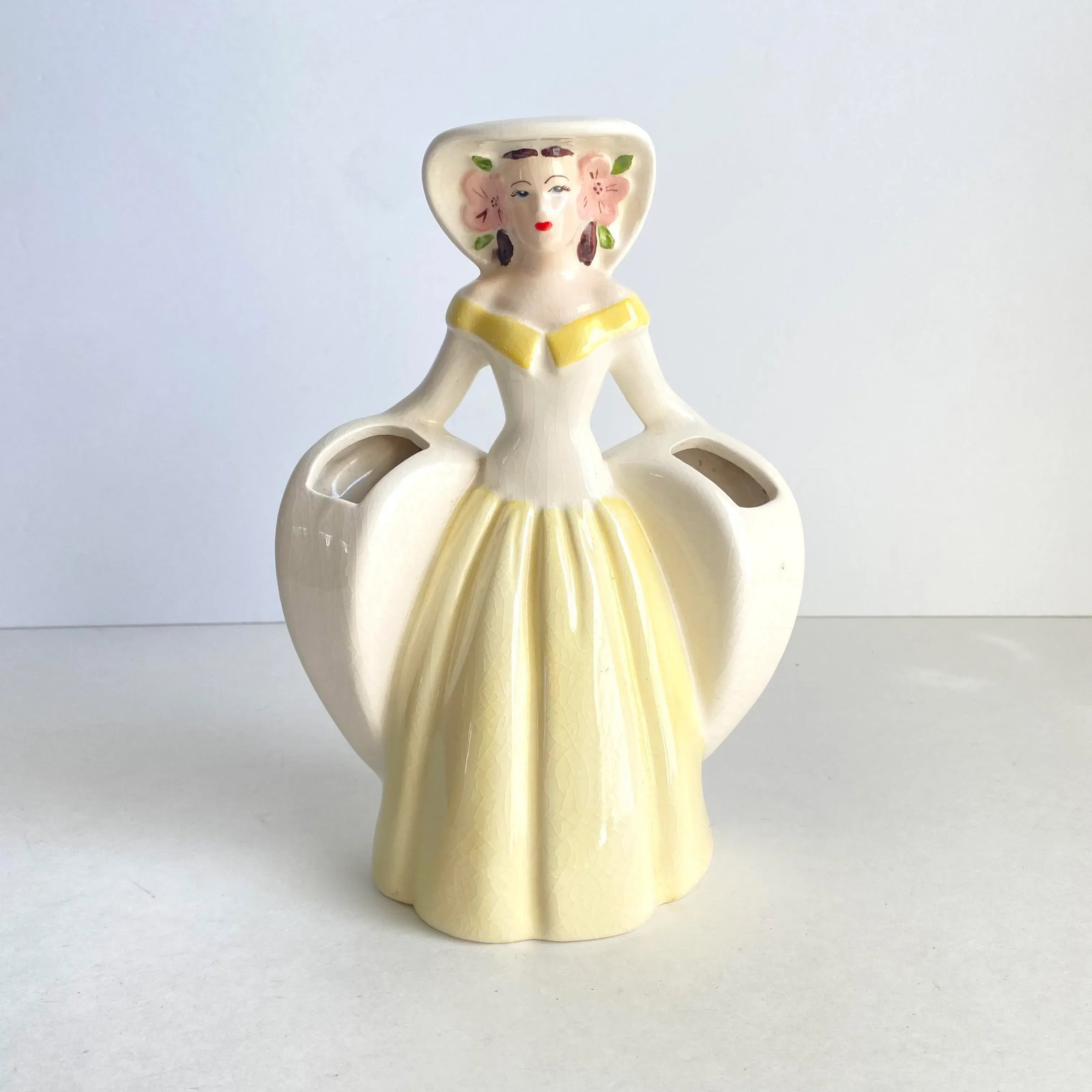 Vintage Southern Belle Lady Double Vase 1940s Matie Weil Ware California Pottery Yellow Dress - 10