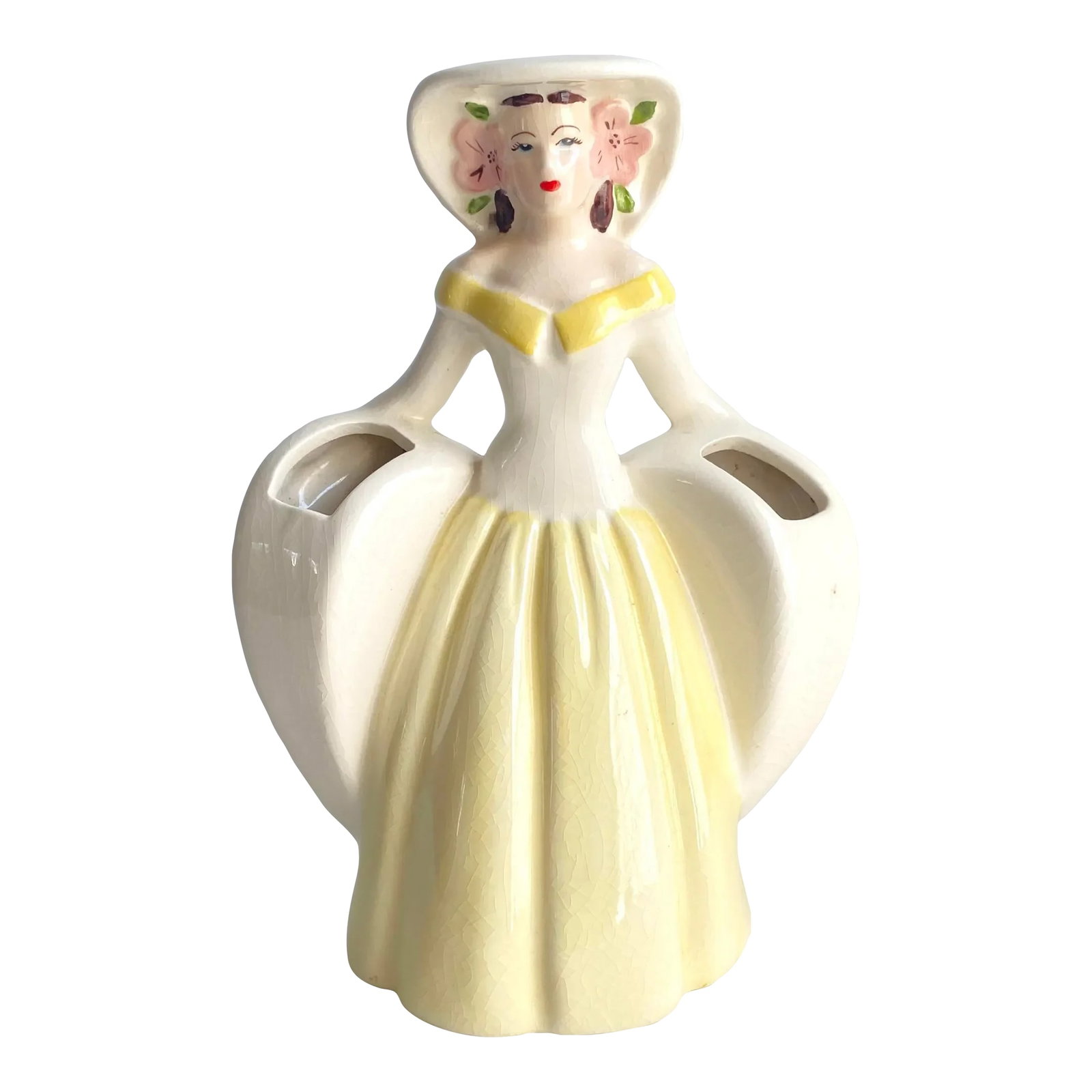 Vintage Southern Belle Lady Double Vase 1940s Matie Weil Ware California Pottery Yellow Dress: Vintage 1940s Matie Weil Ware California Pottery Double Heart Vase Southern Lady Figure In A Yellow Dress A charming piece, looks beautiful on its own or with flowers in each side. This piece is