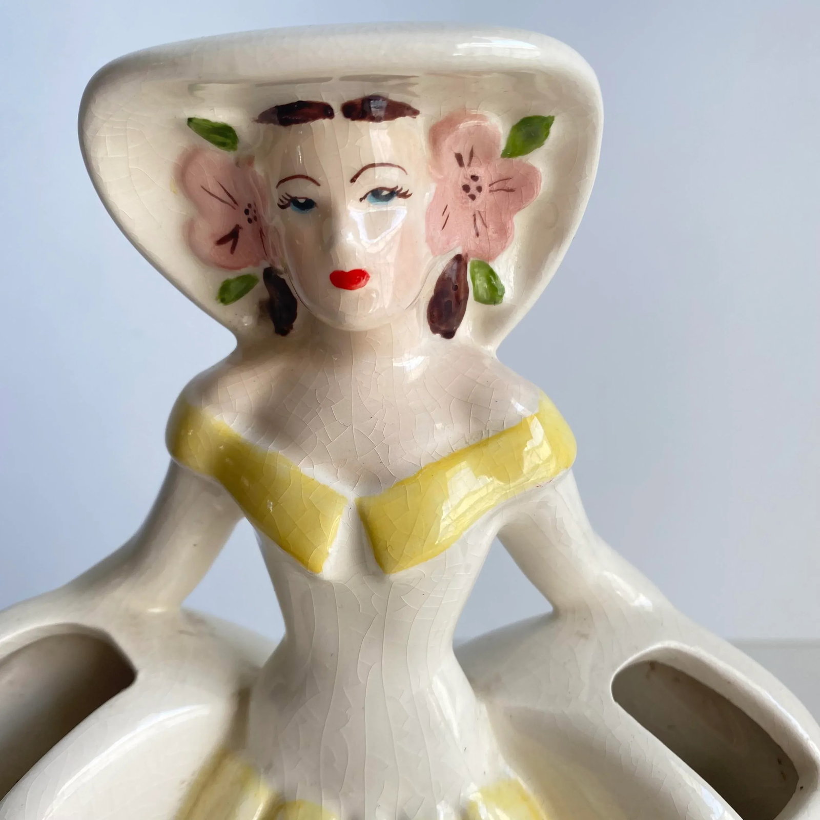 Vintage Southern Belle Lady Double Vase 1940s Matie Weil Ware California Pottery Yellow Dress - 2