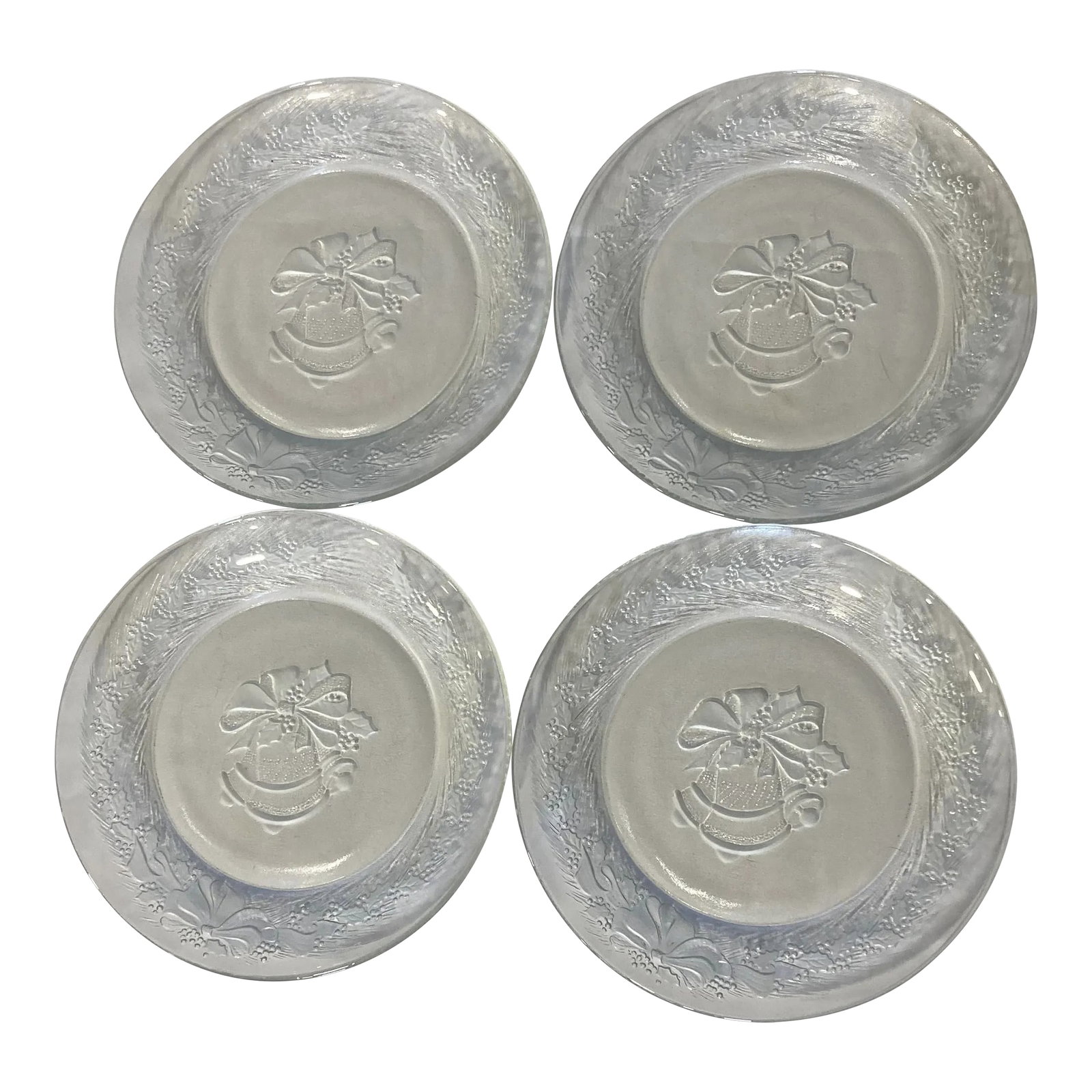 1950s Duralex Holiday Bells Etched Dessert or Salad Plates- Set of 4: Lovely set of 4 plates by Duralex of France with etched bells and holly. In excellent vintage condition. Condition: Alterations: Original Condition Unaltered Imperfections: Some Imperfections