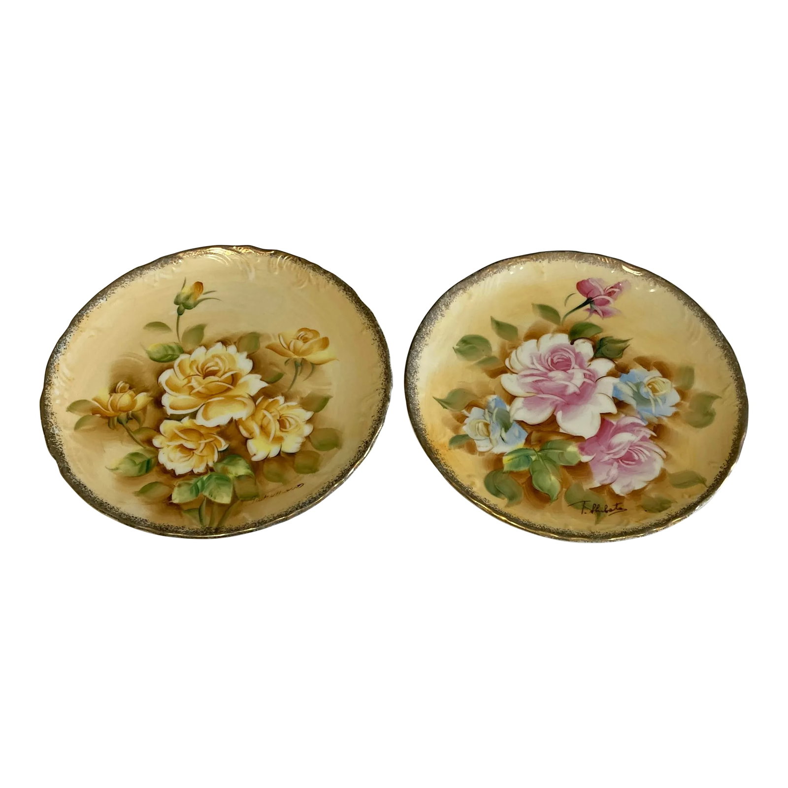 1940s Hand Painted Rose Plates, Set of 2: This set of two vintage collector plates by Enesco features a beautiful painted pink rose pattern on a yellow background with a gold rim. Each plate measures 8.25 inches in diameter and was made in