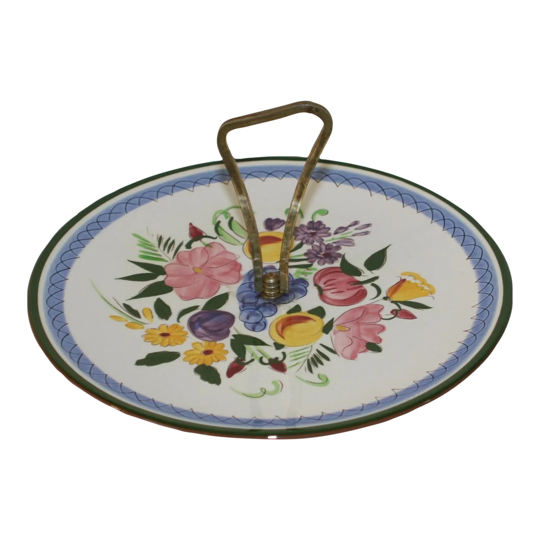 1950s Stangl Pottery Fruit & Flowers Pattern Handcrafted Round Serving Tray With Center Handle: Vintage Stangl Hand Painted Round Multicolor Serving Tray Fruit And Flowers Pattern This handcrafted serving tray was created by Stangl in Flemington New Jersey during the 1950s as part of the Fruits