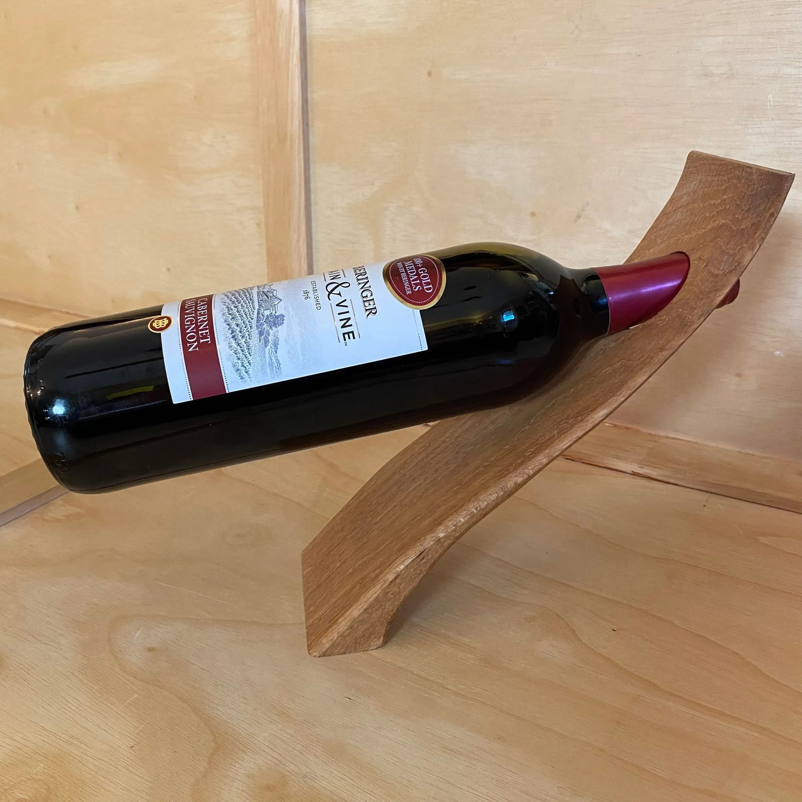 Early 21st Century Curved Carved Wood Counter Balance Wine Bottle Holder - 3