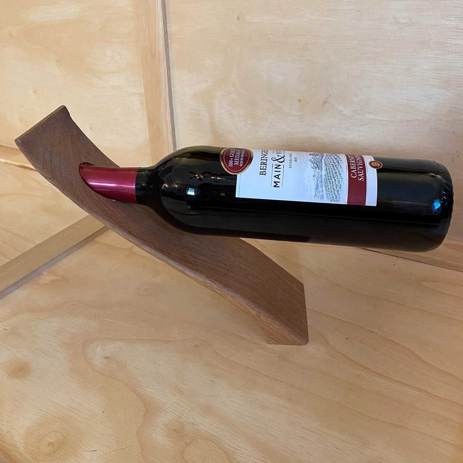 Early 21st Century Curved Carved Wood Counter Balance Wine Bottle Holder - 4
