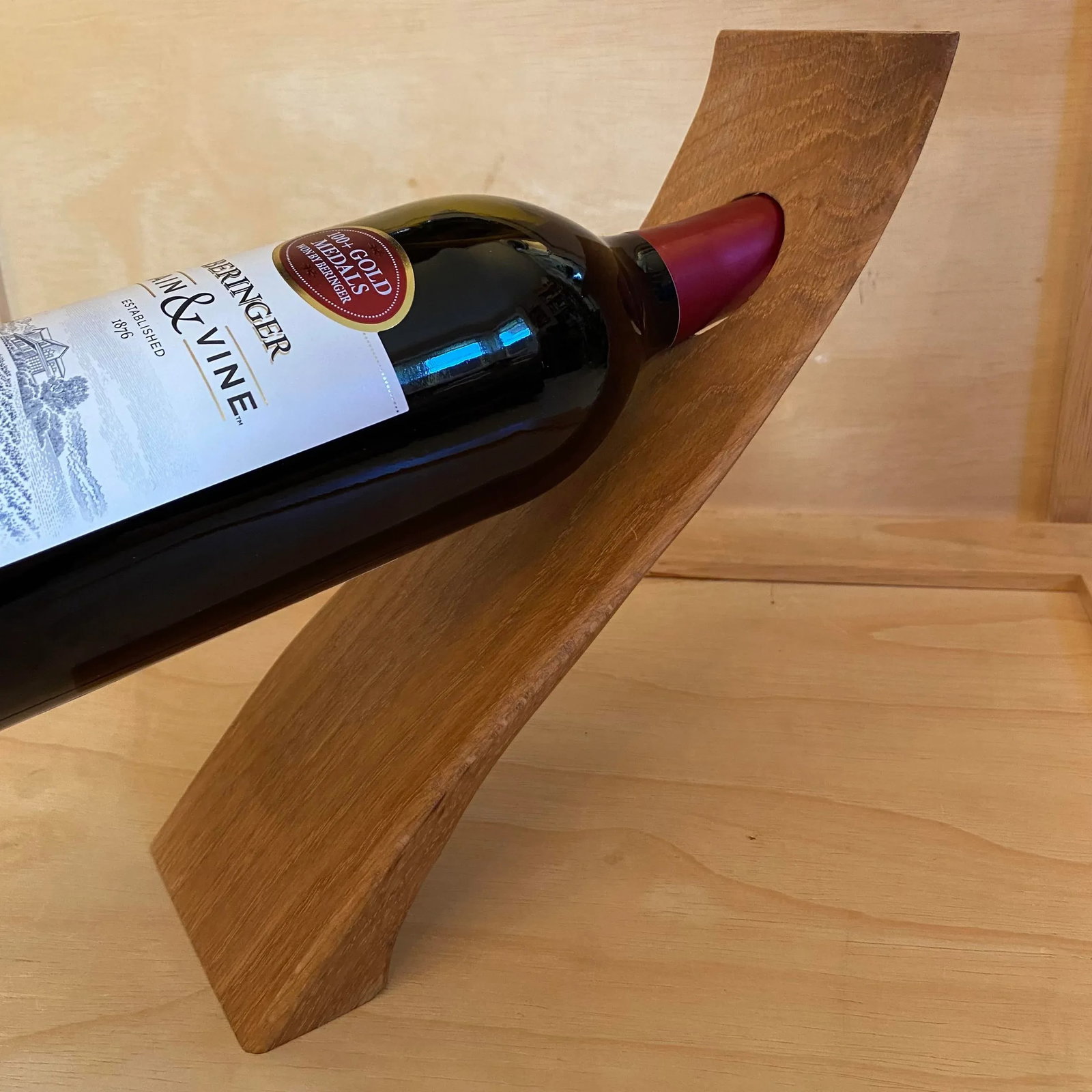 Early 21st Century Curved Carved Wood Counter Balance Wine Bottle Holder - 5