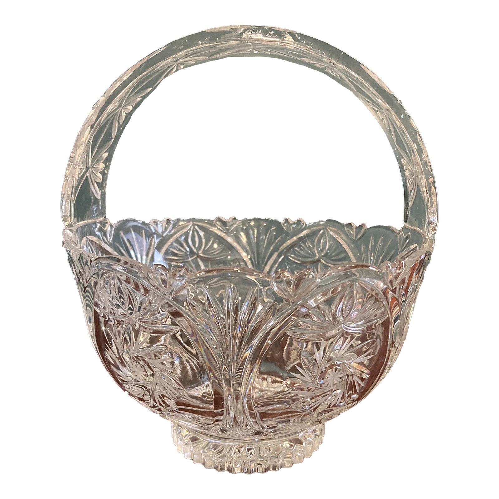 1950's Vintage Cut Glass Basket With Handle: Very pretty cut glass basket with flower pattern. Condition: Alterations: Original Condition Unaltered Imperfections: Some Imperfections Condition Notes: Very good condition. No obvious chips or