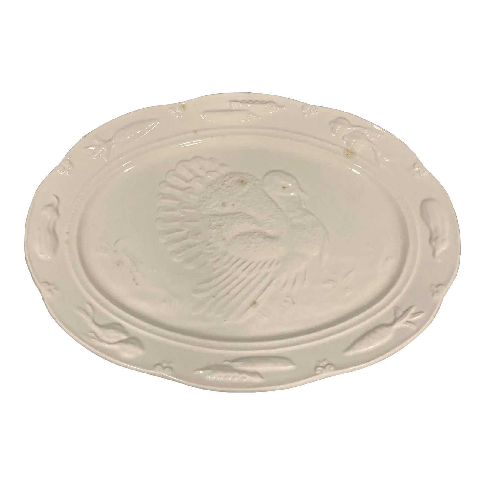 Vintage White Ceramic Turkey Platter: A very nice vintage ceramic turkey platter. Made in Brazil by Houzz Glass Condition: Alterations: Original Condition Unaltered Imperfections: Some Imperfections Condition Notes: Some chips and discolo