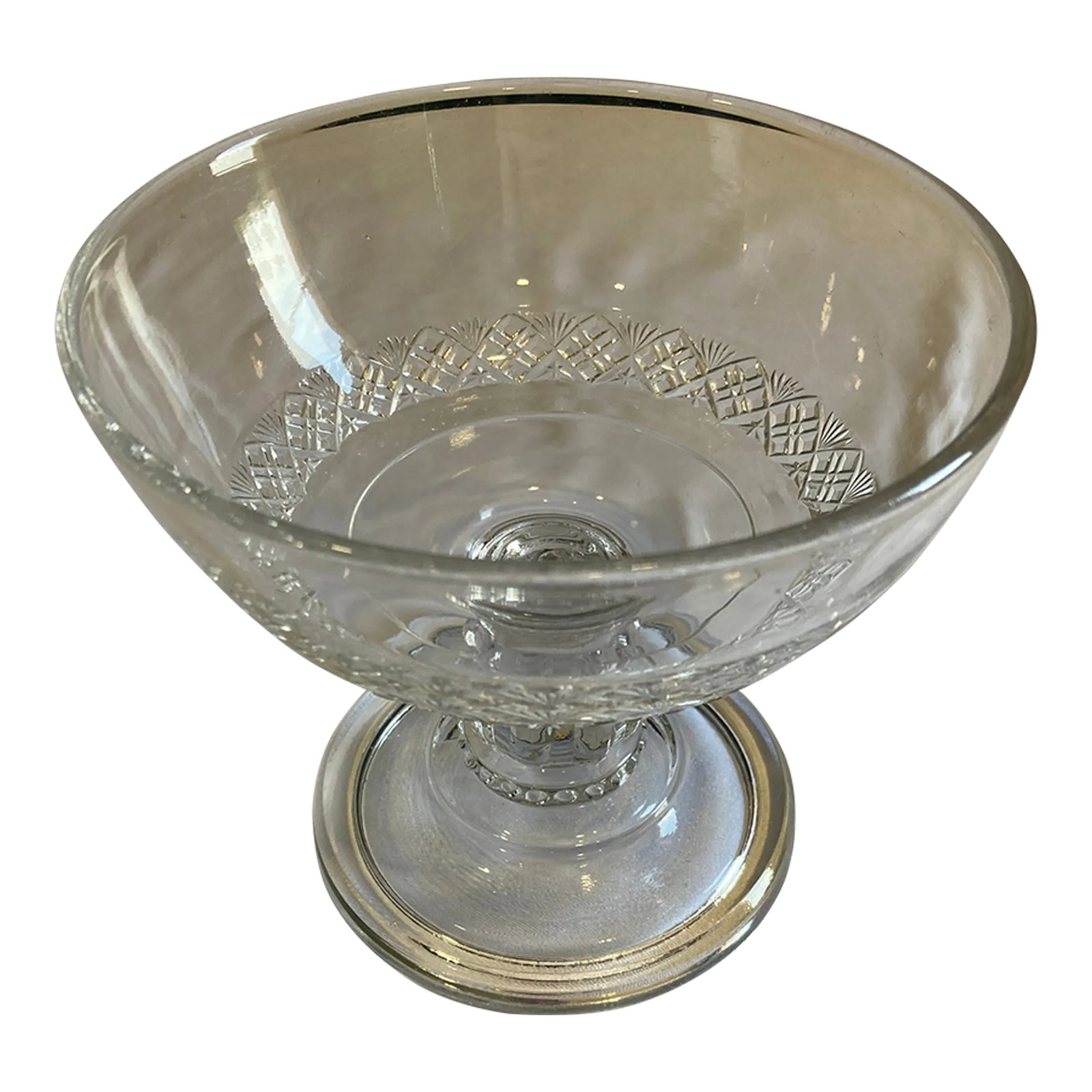 Vintage Glass Pedestal Bowl or Catchall: A very pretty etched pedestal glass bowl. Condition: Alterations: Original Condition Unaltered Imperfections: Some Imperfections Condition Notes: Very nice vintage condition. No obvious cracks or