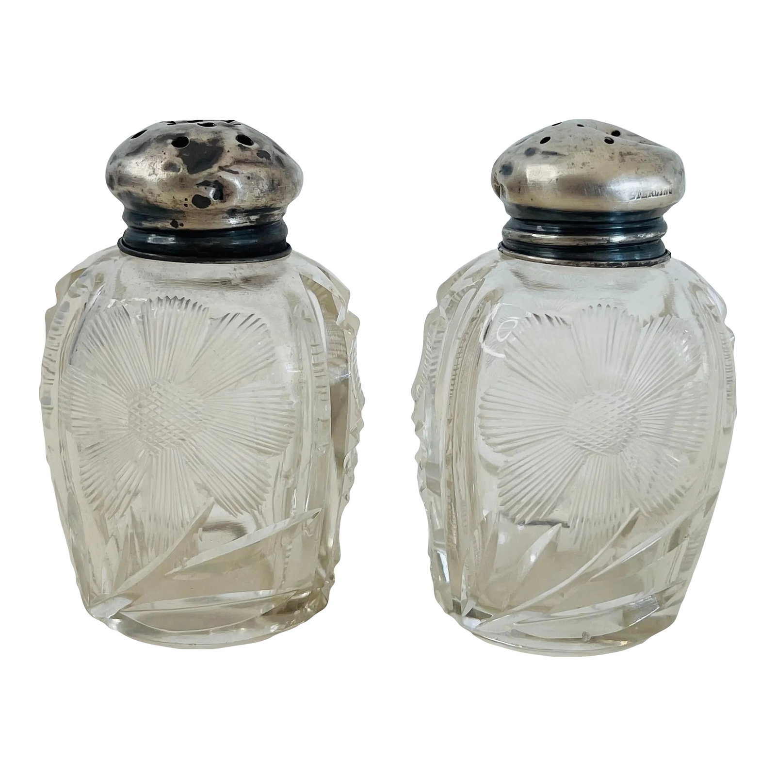 Early 20th Century Glass Floral & Sterling Salt & Pepper Shakers- a Pair: Early 20th Century Glass Floral & Sterling Salt & Pepper Shakers - Pair Add a touch of antique elegance to your dining table or collection with this charming pair of early 20th-century salt and