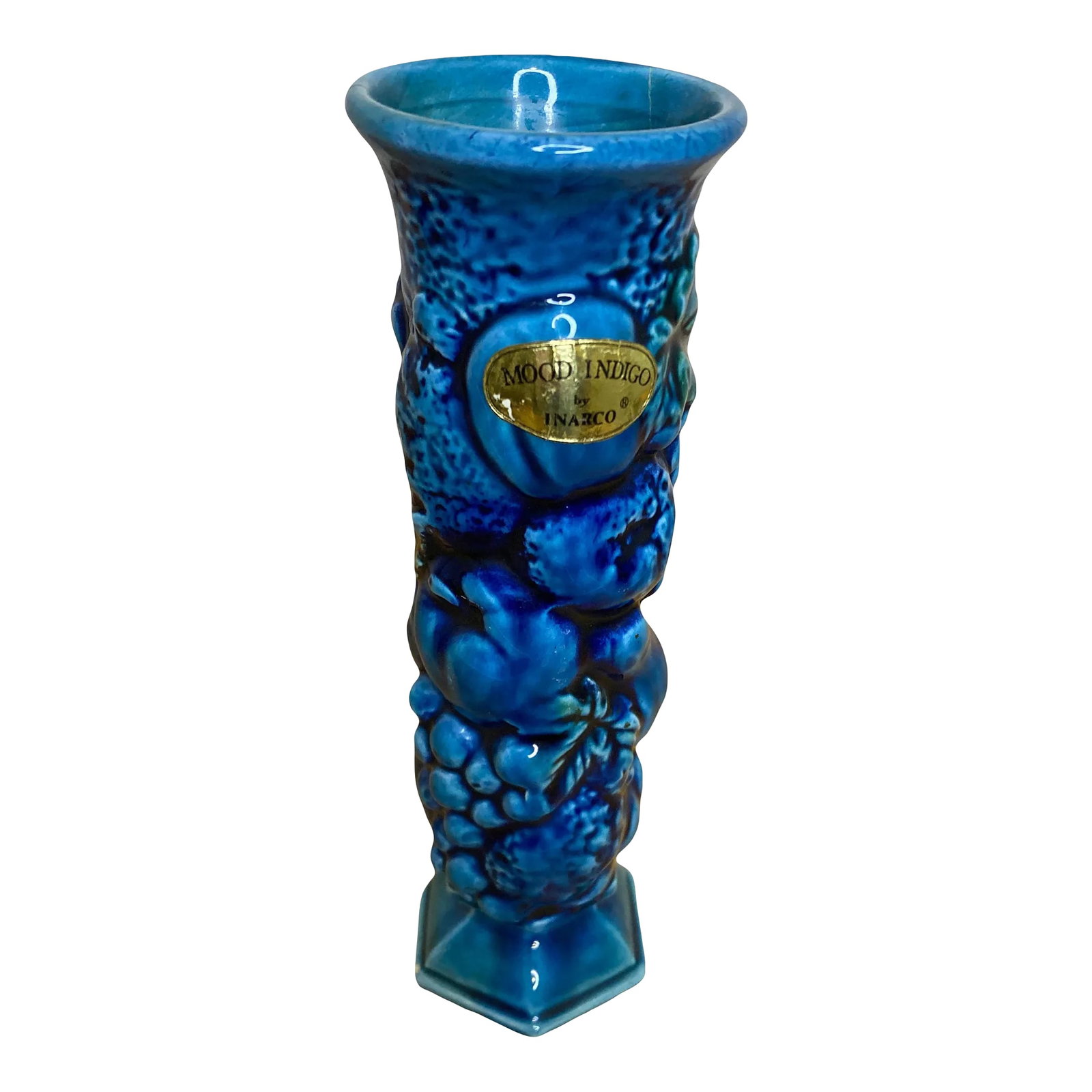 1970's Inarco Blue Indigo Vase: An elegant 8" vintage Inarco Pottery vase from the Mood Indigo collection, featuring a bold indigo blue glaze and sculptural detailing. This timeless piece is ideal for displaying flowers or enjoyed