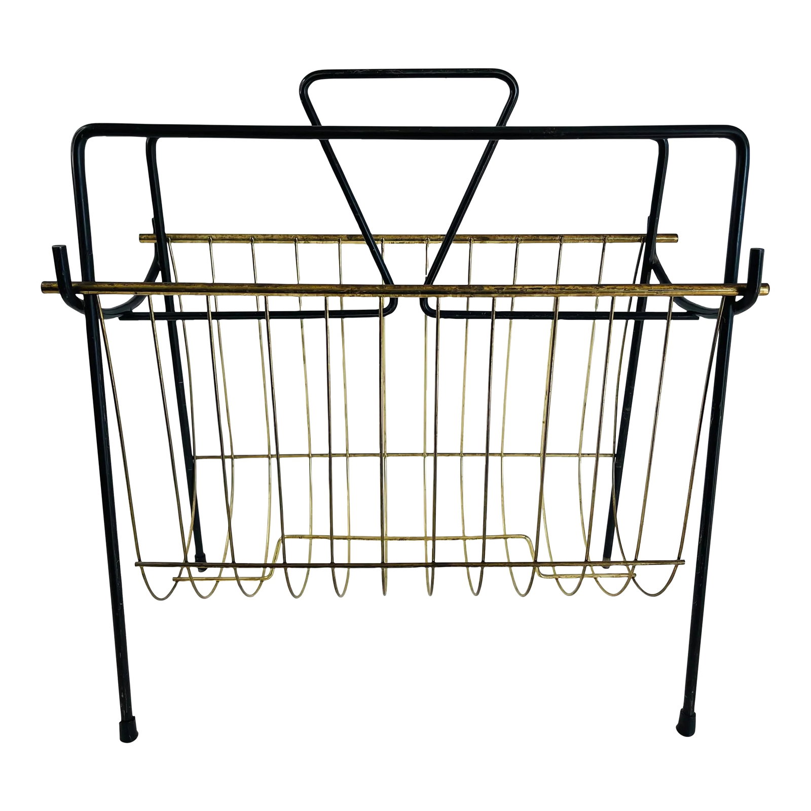1950s Black & Gold Metal Handled Magazine Rack: 1950s Black & Gold Metal Handled Magazine Rack Add a touch of mid-century sophistication to your home with this stylish 1950s black and gold metal magazine rack. Featuring a striking combination of