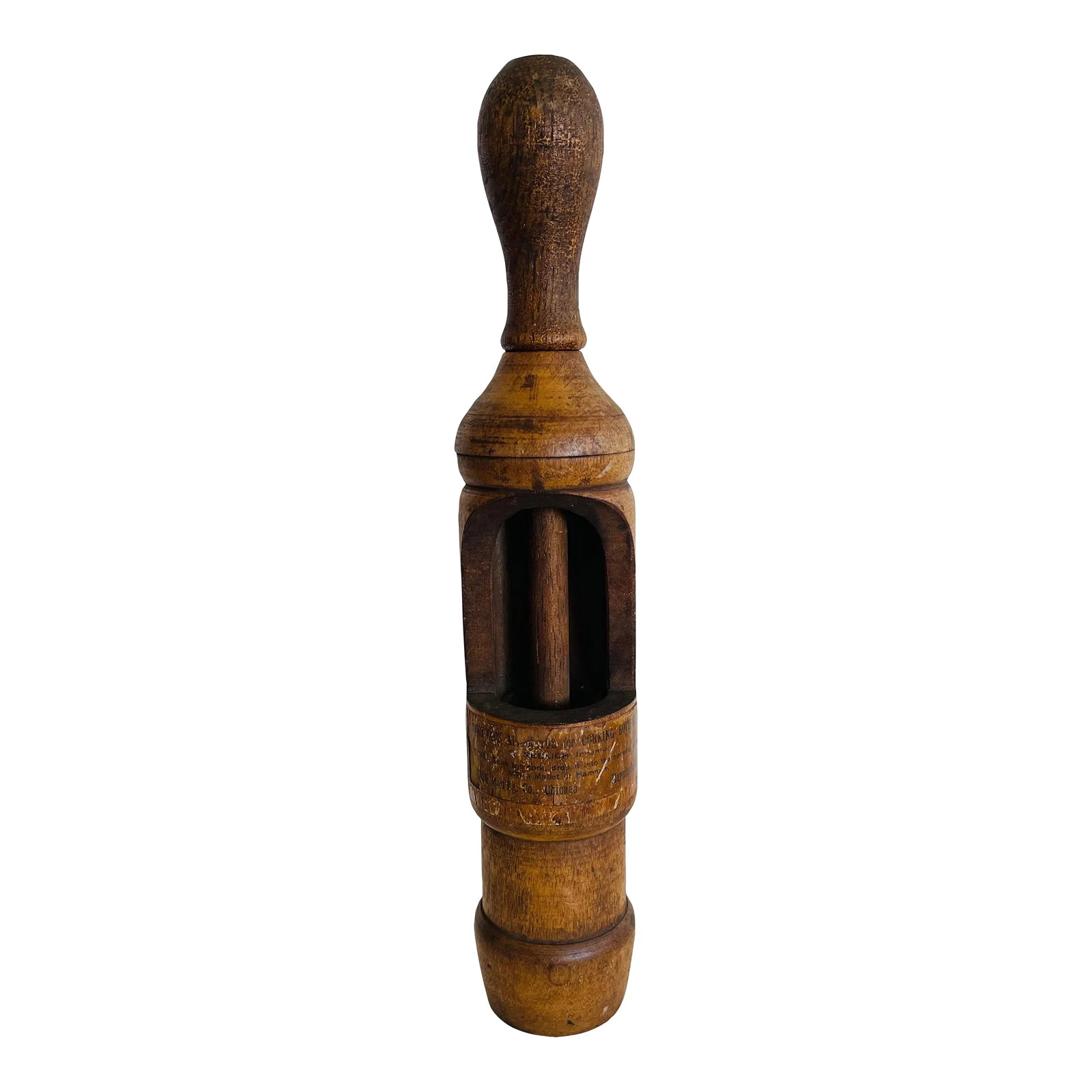 Antique Wood Redlich Chicago Wine Cork Bottle Press With Partial Label, Pat 1862: Antique Wood Redlich Chicago Wine Cork Bottle Press With Partial Label, Pat. 1862 A fascinating antique wine cork bottle press by Redlich of Chicago, featuring its original wooden construction and a