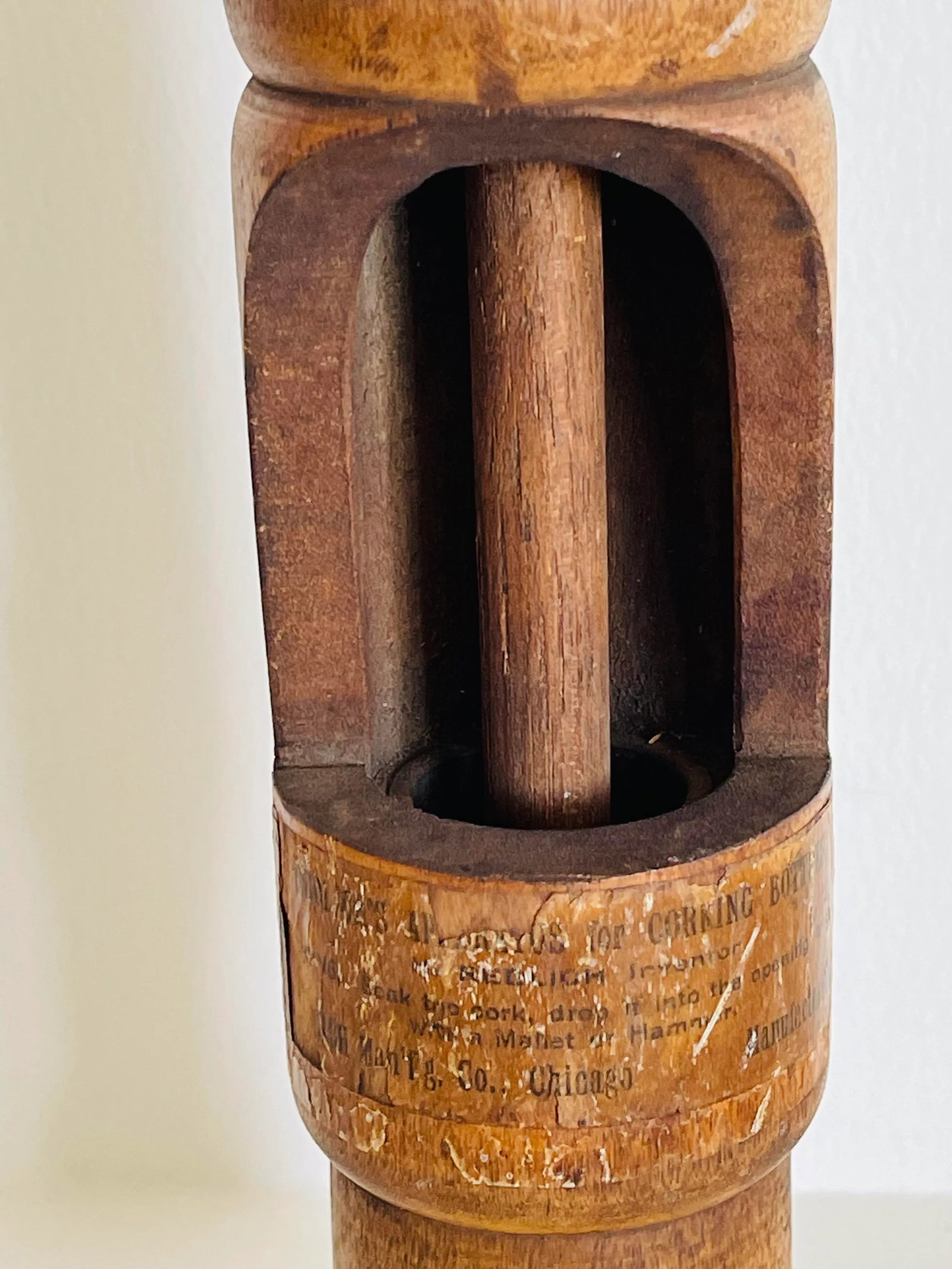 Antique Wood Redlich Chicago Wine Cork Bottle Press With Partial Label, Pat 1862 - 3