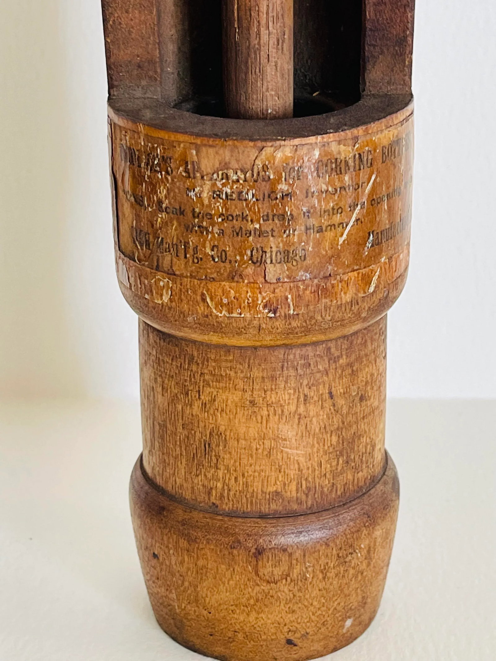 Antique Wood Redlich Chicago Wine Cork Bottle Press With Partial Label, Pat 1862 - 4