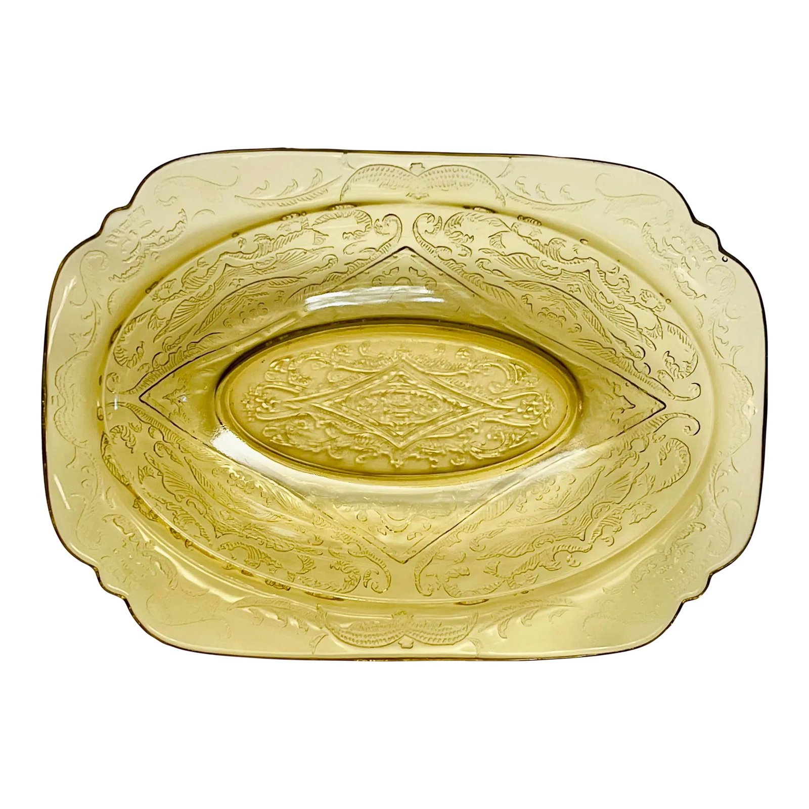 1930's Madrid Yellow Federal Glass Square Rimmed Serving Bowl: An oval yellow pressed glass bowl in the Madrid pattern made in the early 20th century by the Federal Glass Company in Columbus, Ohio. Ships within 1-2 days using USPS. All items packed with care.