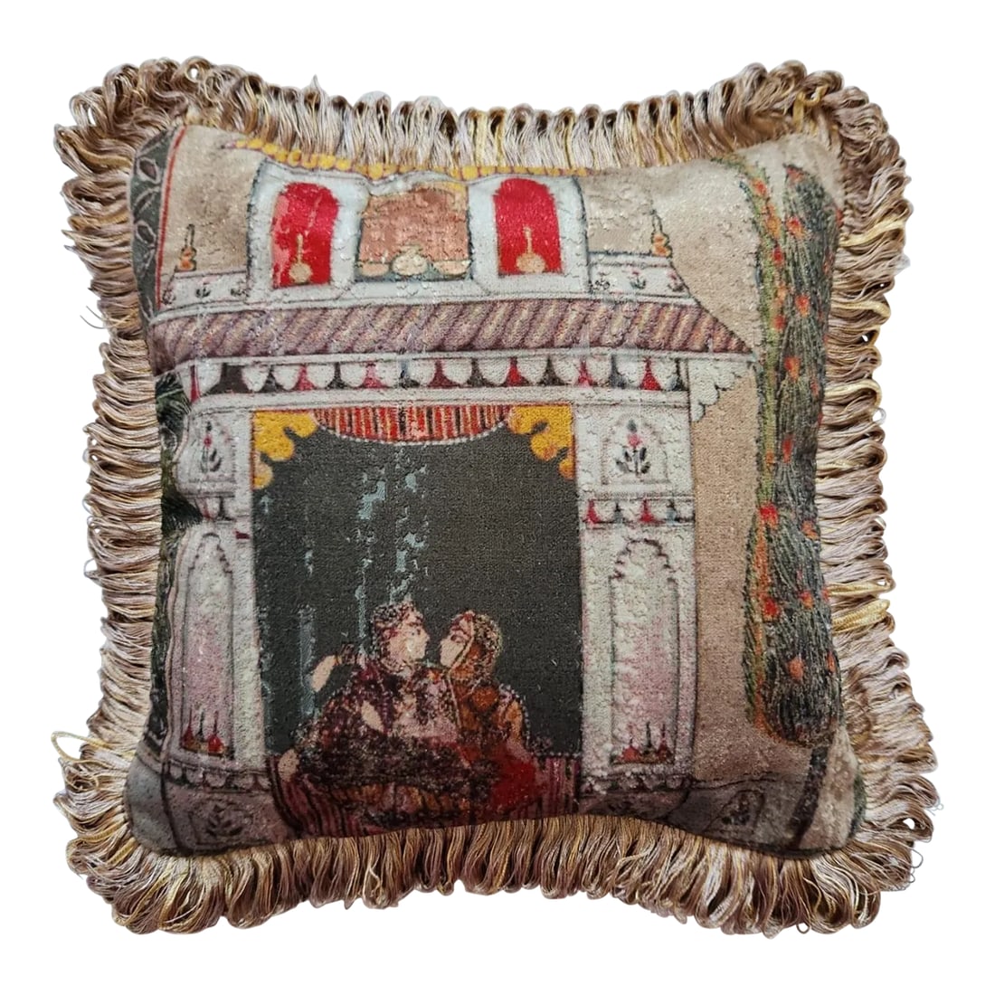 Indian Chinoiserie Velvet Pillow With Fringe - Garden Fantasy in Tan With Tan Backing: Beautiful silk velvet pillow with Indian Chinoiserie design on the front and golden-tan velvet at the back. The velvet is ultra-soft and is "aged" to give the design a unique look. We finished the