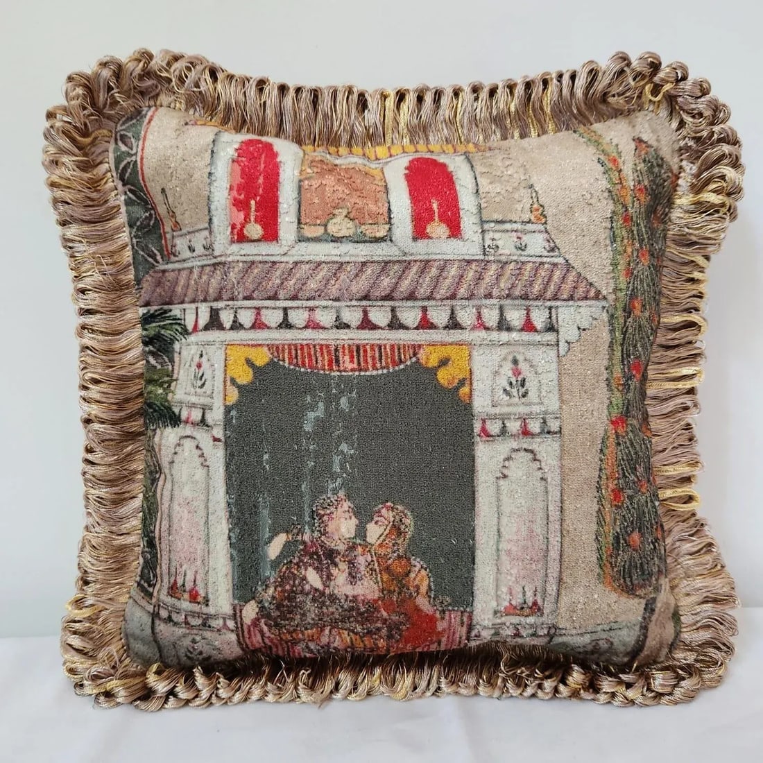 Indian Chinoiserie Velvet Pillow With Fringe - Garden Fantasy in Tan With Tan Backing - 2