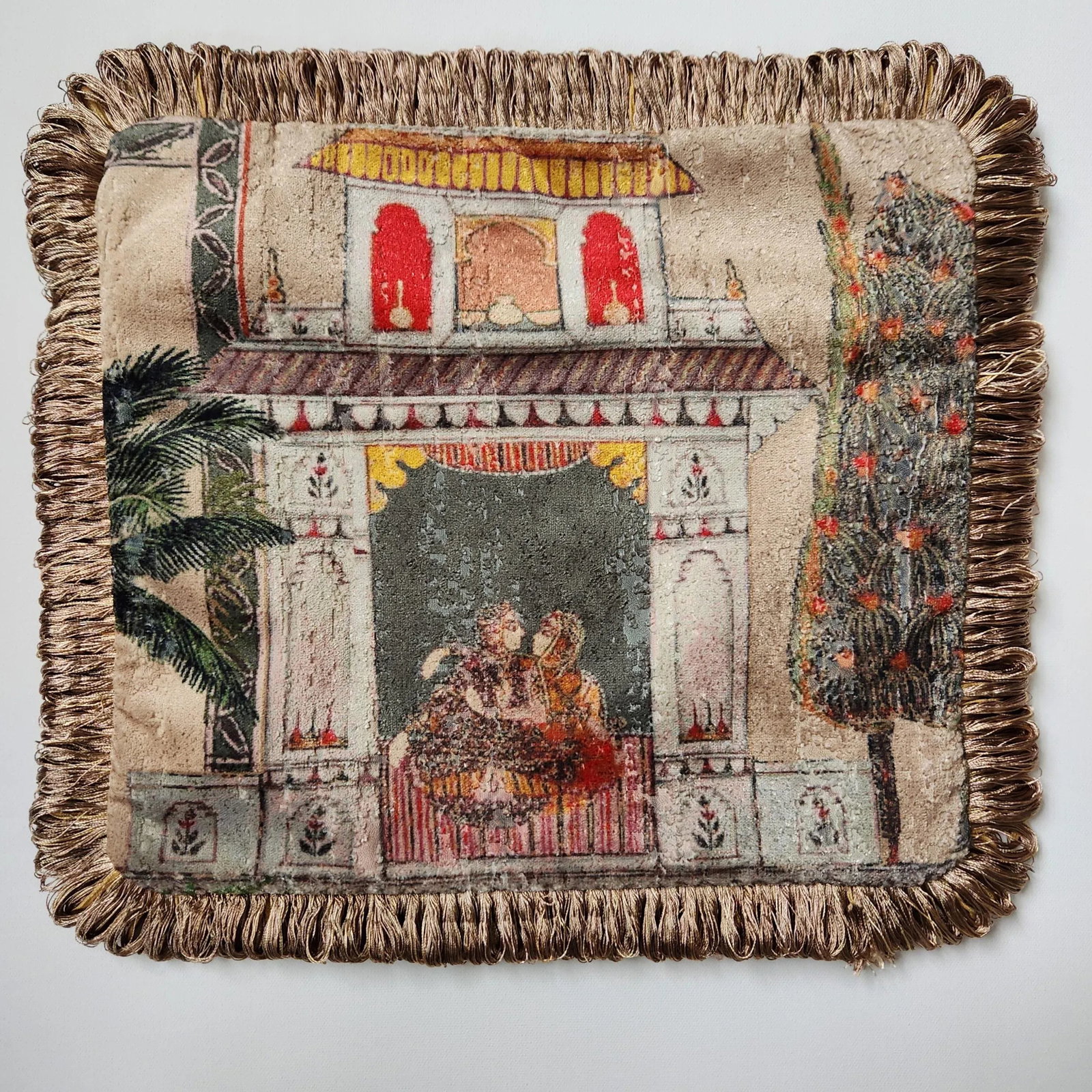 Indian Chinoiserie Velvet Pillow With Fringe - Garden Fantasy in Tan With Tan Backing - 5