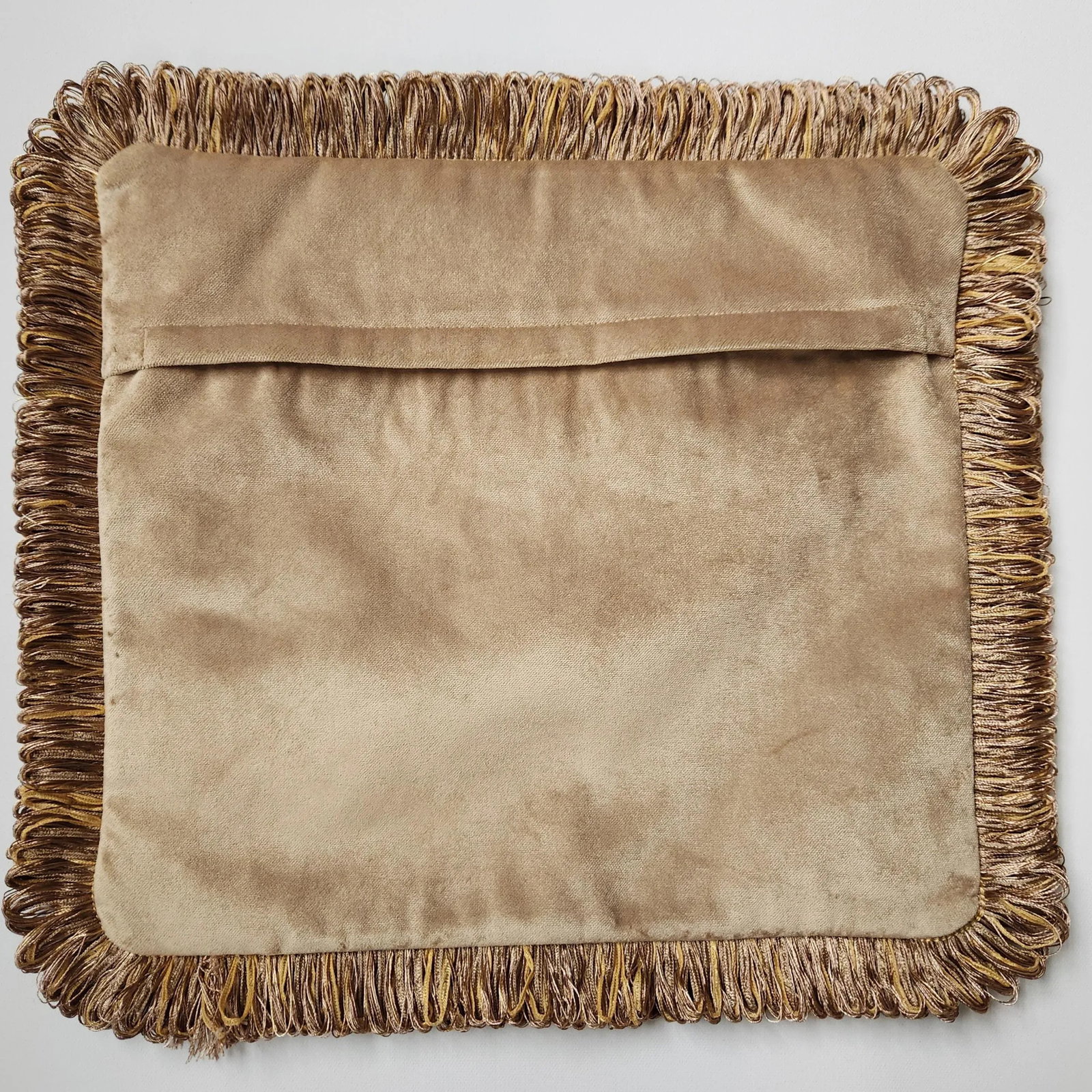 Indian Chinoiserie Velvet Pillow With Fringe - Garden Fantasy in Tan With Tan Backing - 6