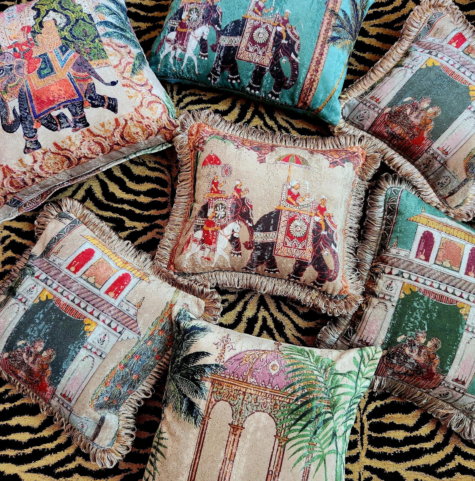 Indian Chinoiserie Velvet Pillow With Fringe - Garden Fantasy in Tan With Tan Backing - 7