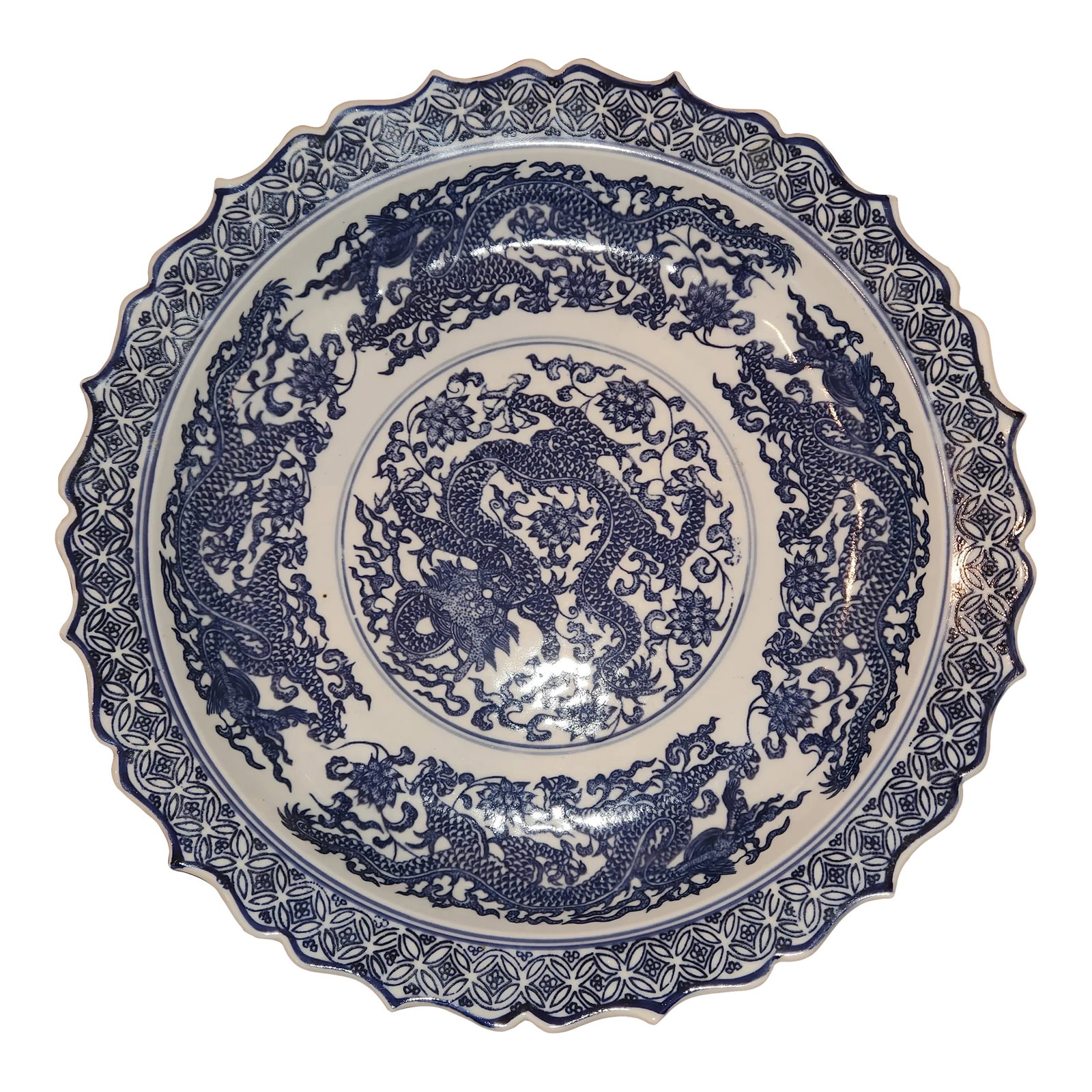 Late 19th Century Chinese Blue/White Dragon Bowl: Chinese Blue/White Dragon Bowl, 6-character mark on bottom of vessel. Diameter: 13.75 in. Condition Condition: Alterations: Original Condition Unaltered Imperfections: Some Imperfections Condition
