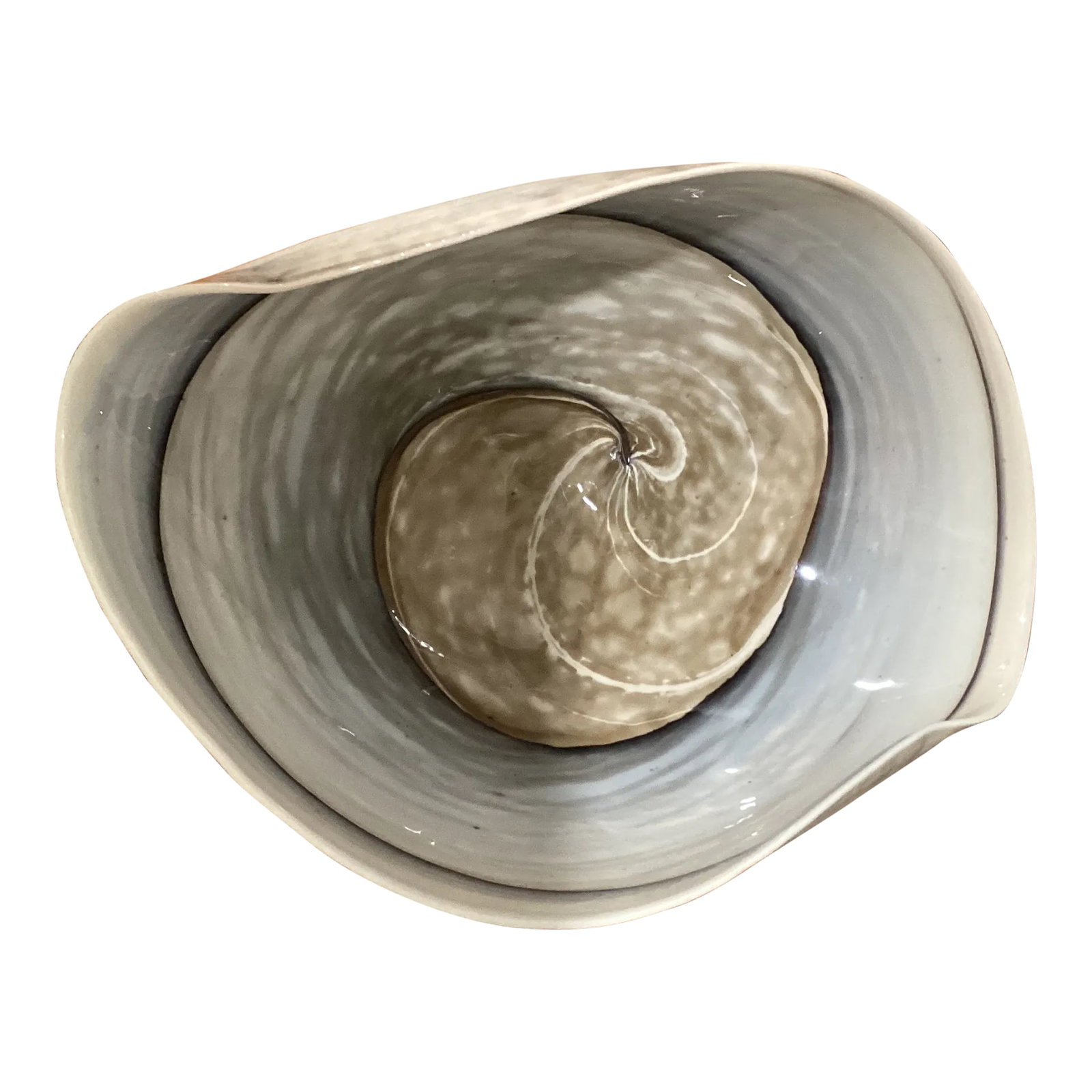 Late 20th Century Modern Style Large Beachstone Pottery Bowl: Pottery collection inspired by the sedimentary rock Beachstones found along the shores of Lake Champlain. Textural pottery pieces with graphic lines that make each piece unique. This hand-shaped bowl