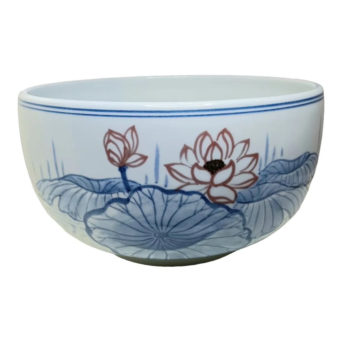 Large Chinese Decorative Bowl Lotus Flowers Leaves Water Design: Beautifully peaceful large Chinese bowl decorated with lotus flowers and moving water. Blue and brown detail ona white background. Condition: Alterations: Original Condition Unaltered Imperfections:
