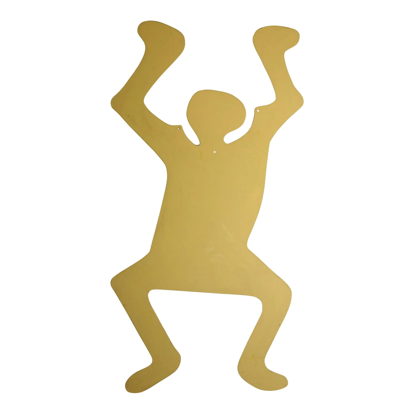 1990s Oversized Pop Art Yellow Wood Figure Wall Sculpture: Floor to ceiling oversized pop art wall sculpture made in 1990s. Laser cut 5 mm plywood. Approx. 4 X 8 feet. Painted light yellow. No cracks. Lightweight. There is different color paint residue. The