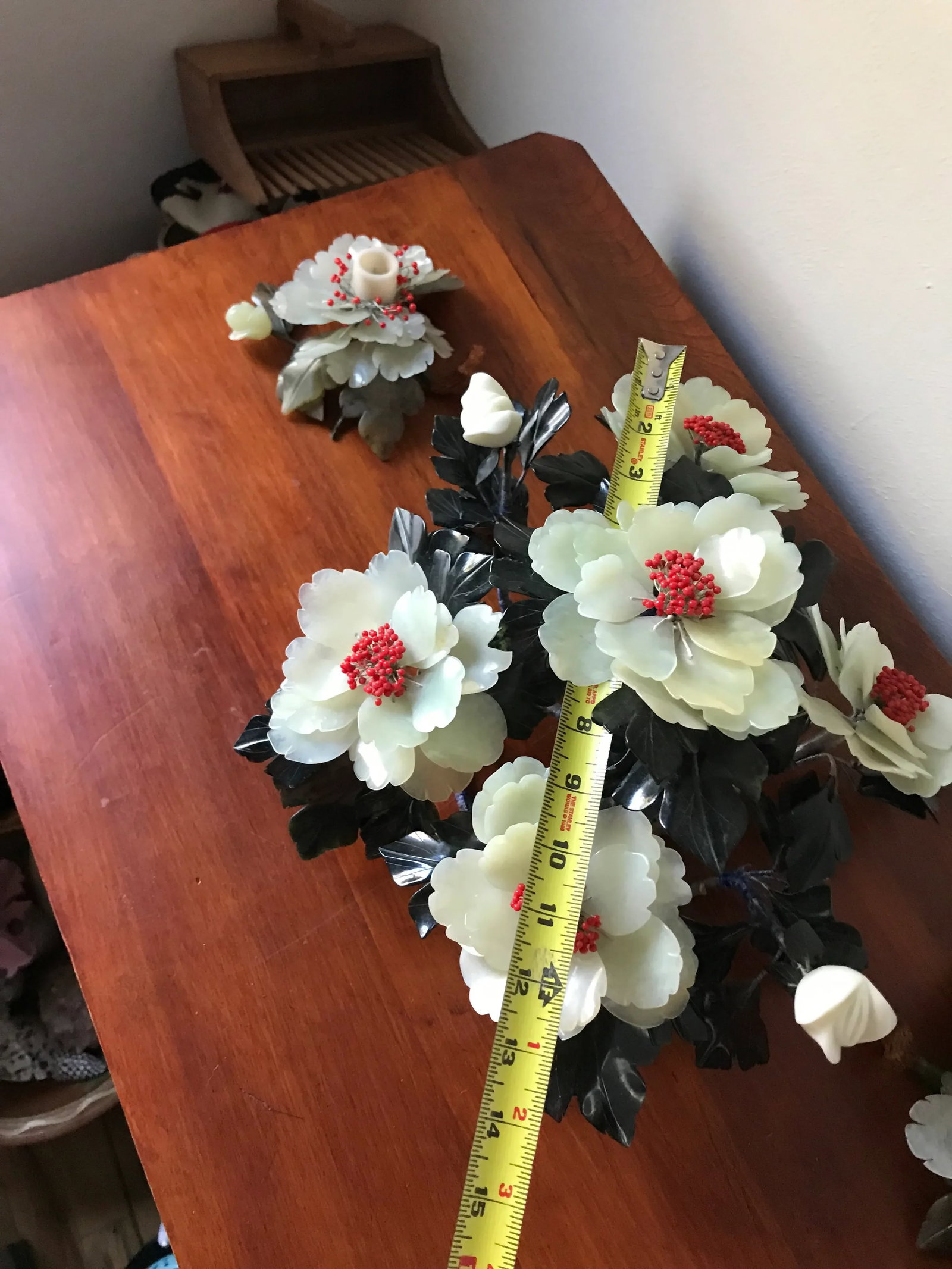 Rare Carved Green Jade Peony Flower Statement Centerpiece and Two Matching Candle Holders - 10