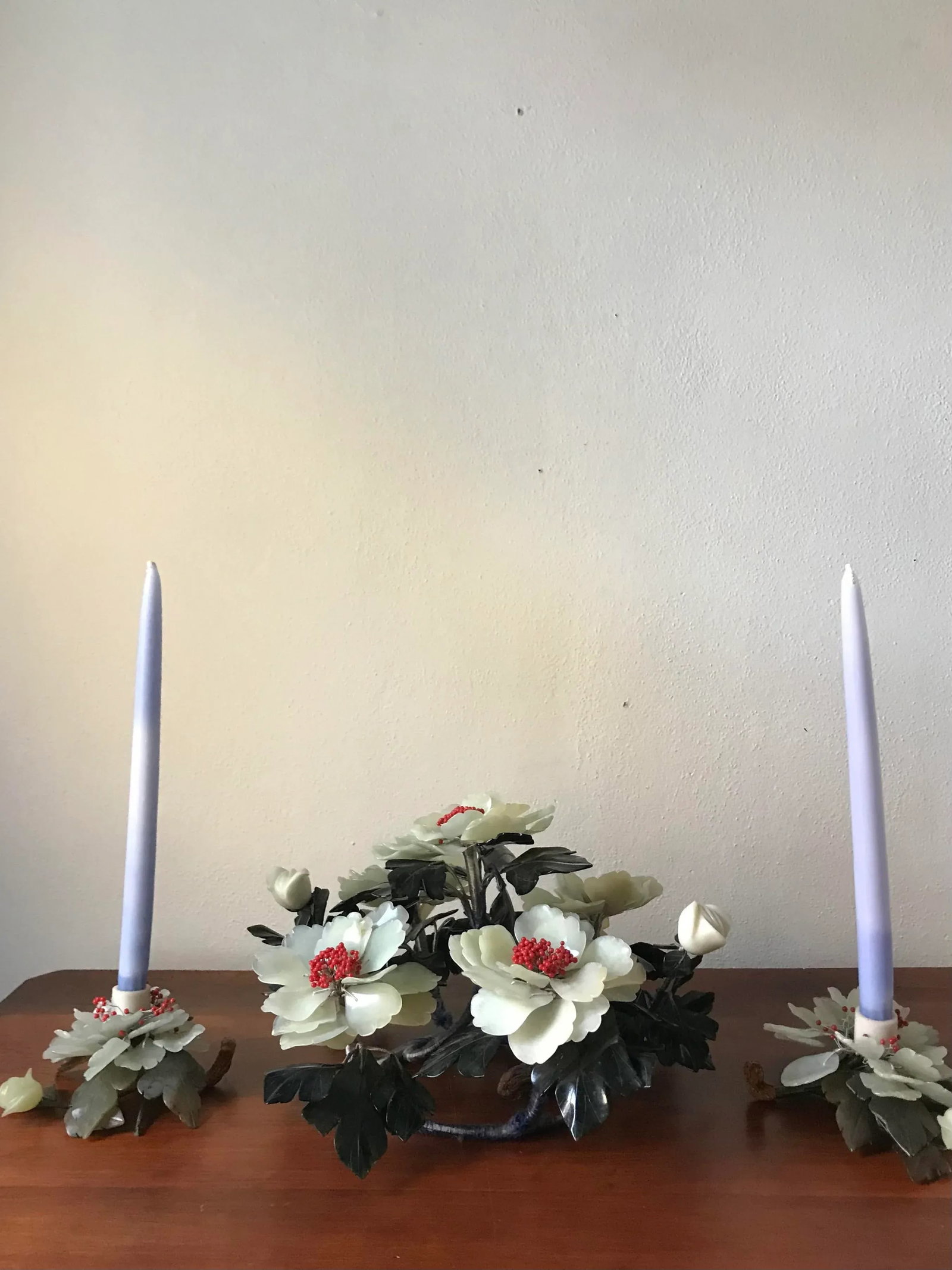 Rare Carved Green Jade Peony Flower Statement Centerpiece and Two Matching Candle Holders - 11