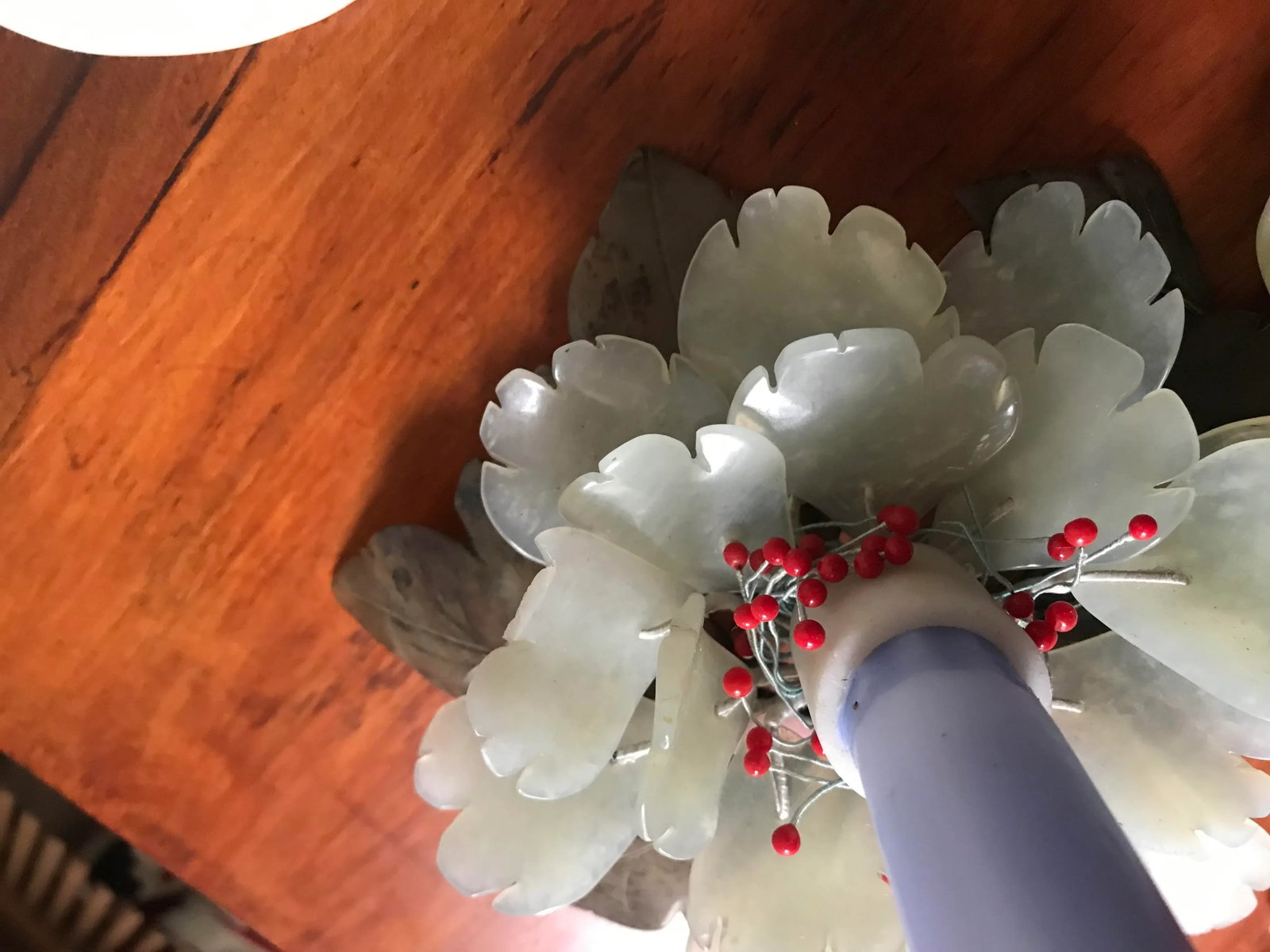 Rare Carved Green Jade Peony Flower Statement Centerpiece and Two Matching Candle Holders - 12