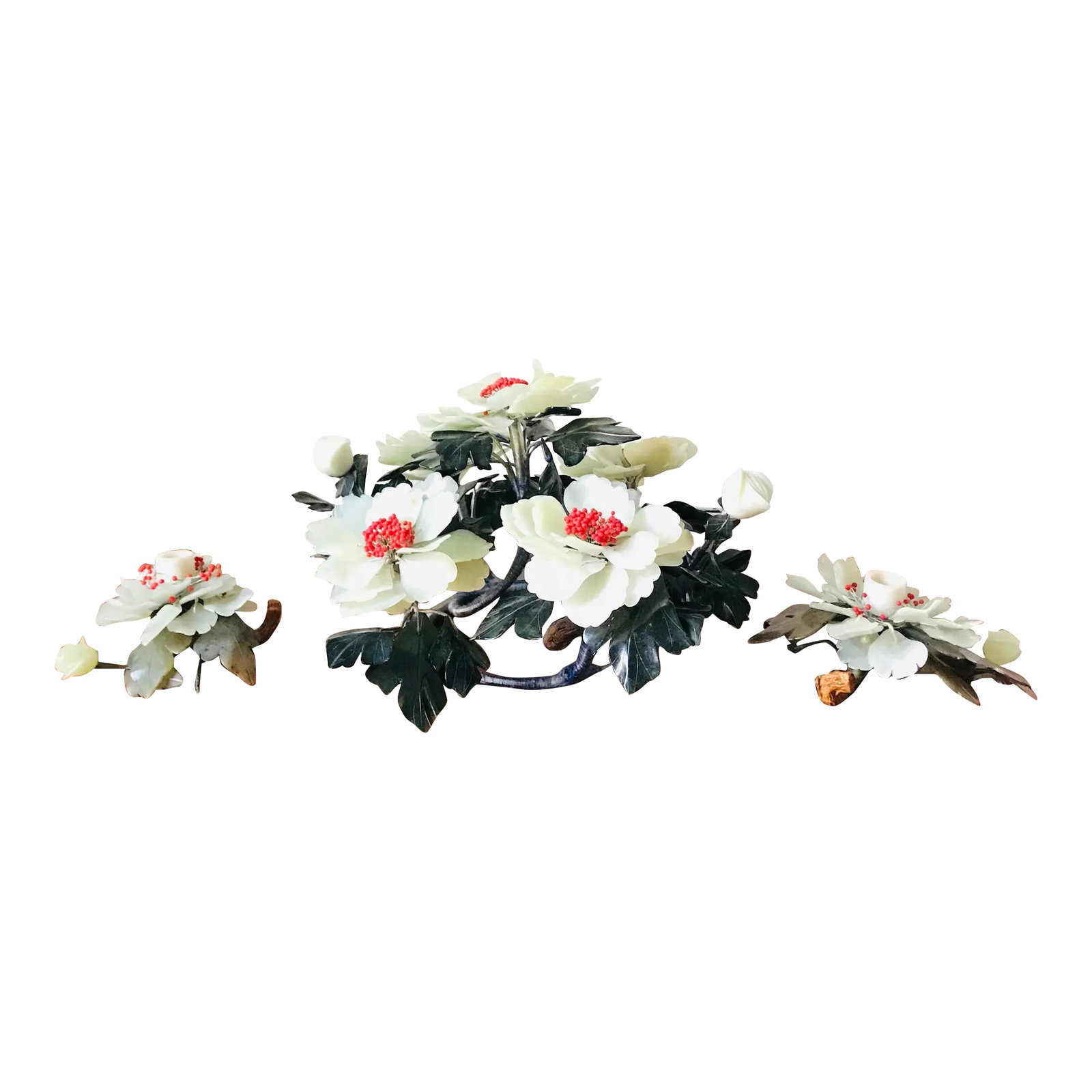 Rare Carved Green Jade Peony Flower Statement Centerpiece and Two Matching Candle Holders: A beautiful pair of vintage stone jade carved flower candle holders with a matching statement centerpiece. Everything is hand done and gorgeous in person. Condition: Alterations: Original Condition