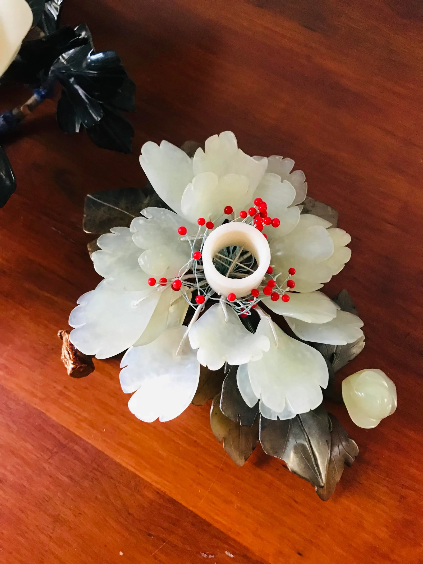 Rare Carved Green Jade Peony Flower Statement Centerpiece and Two Matching Candle Holders - 4