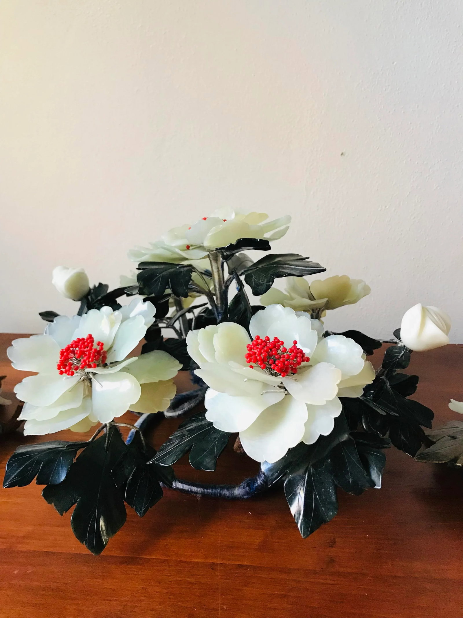 Rare Carved Green Jade Peony Flower Statement Centerpiece and Two Matching Candle Holders - 5