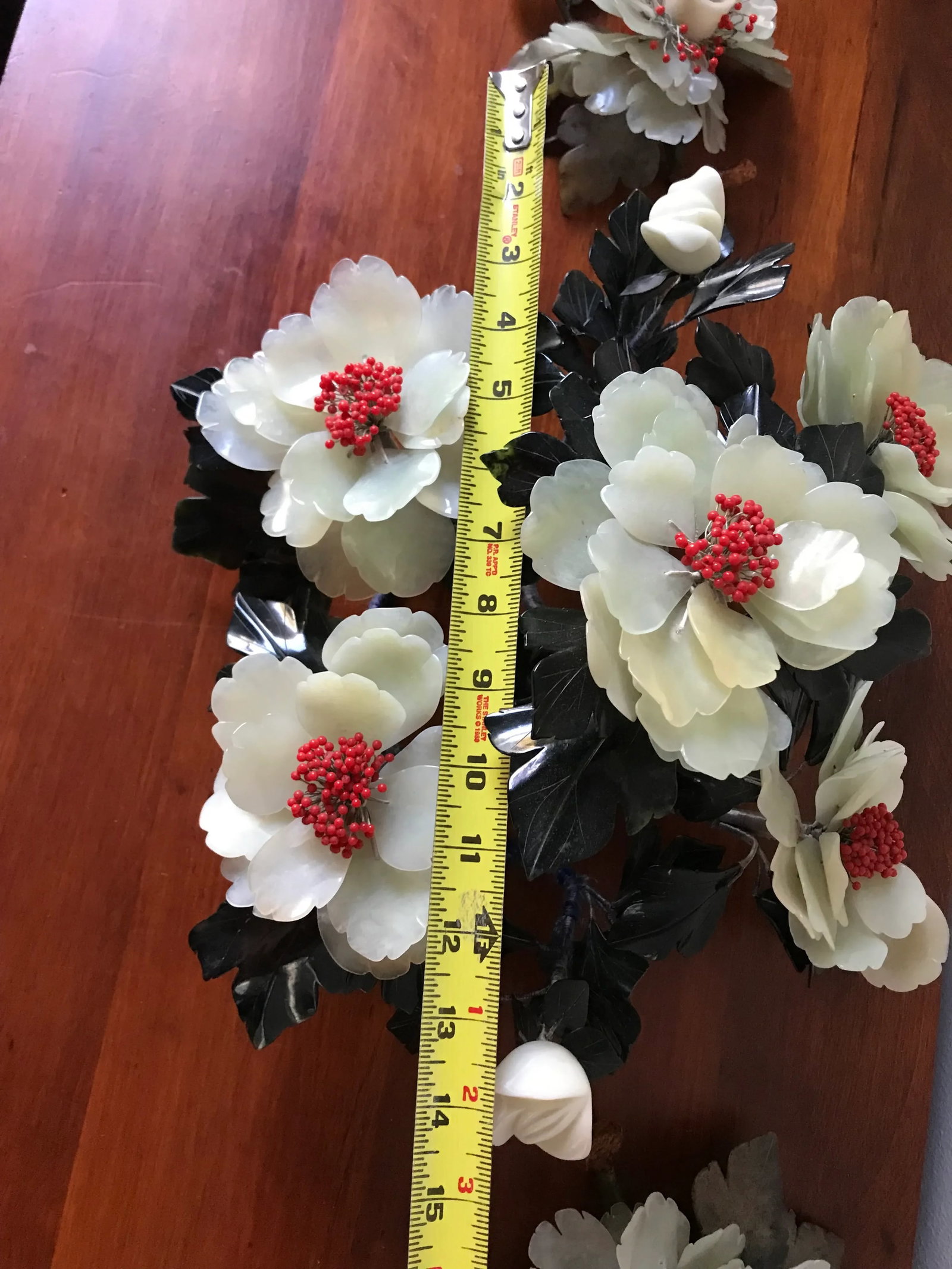 Rare Carved Green Jade Peony Flower Statement Centerpiece and Two Matching Candle Holders - 9