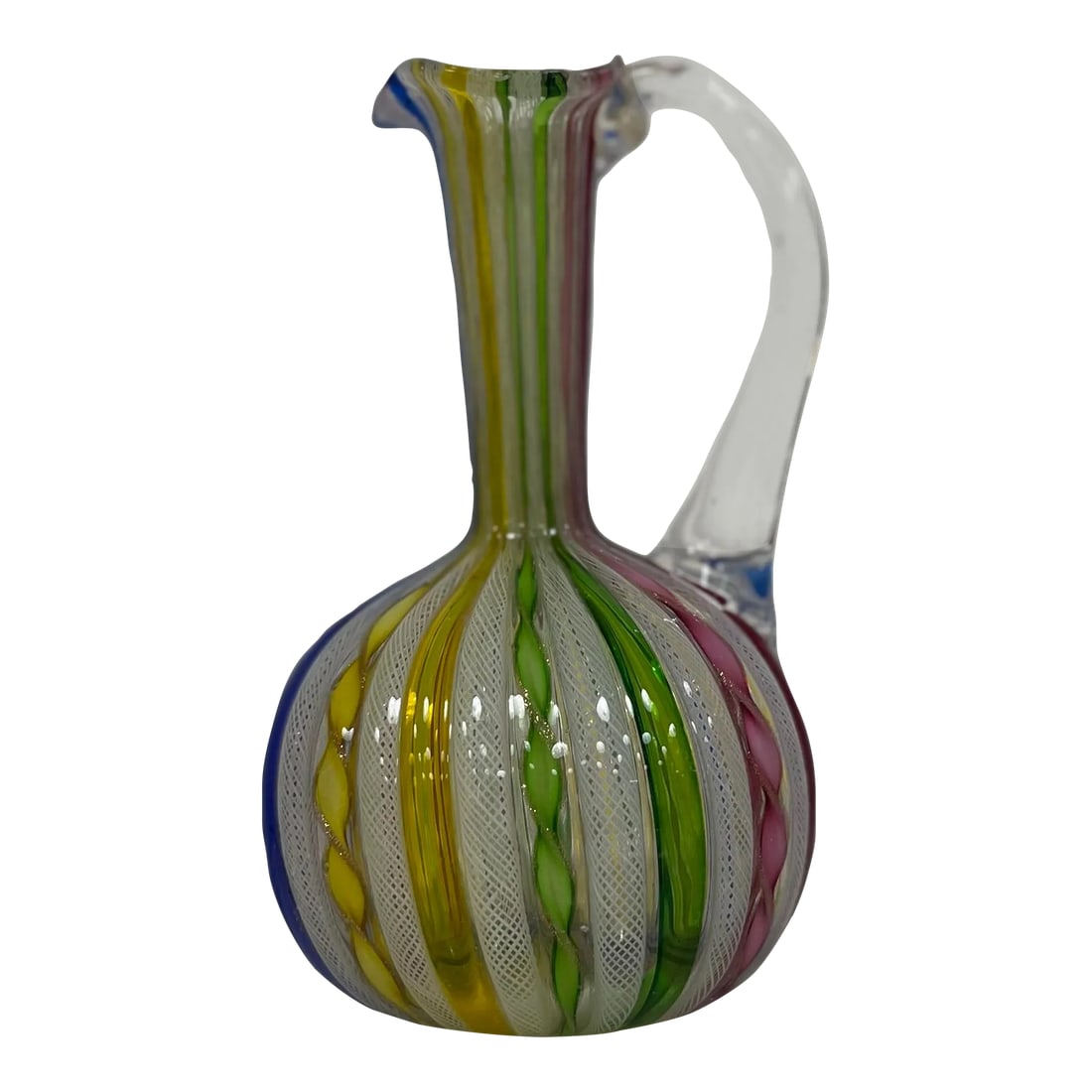 Mid-Century Venetian Laticino Glass Ewer: An exquisite fusion of art and functionality. Crafted with precision by skilled glassblowers in mid century Venice, this mesmerizing pitcher captures the essence of Venetian glass making at its