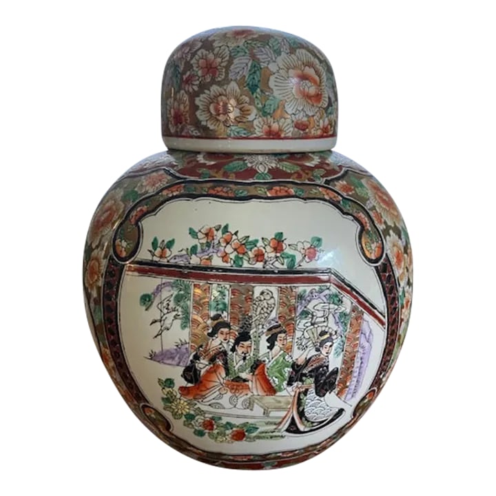 Early 20th Century Hand Painted Famille Rose Ginger Jar: Sticking hand painted early 20th century ginger jar. A group of four is illustrated in beautiful colors of rose, tan, orange and golds. A wonderful addition to your collection or a fabulous piece to