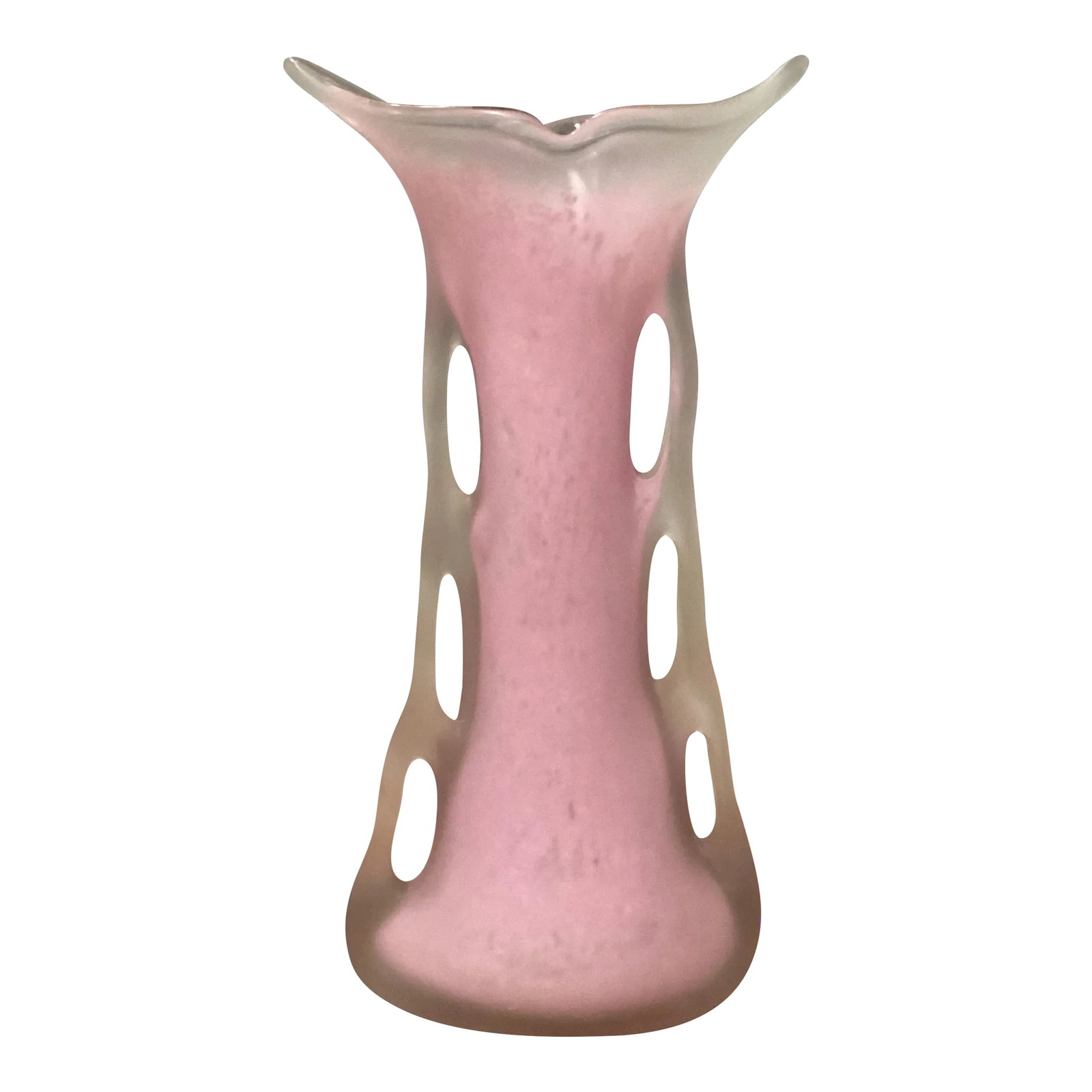 Mid 20th Century Vintage Art Glass Hand Blown Pink Scalloped Frosted Vase With Figurative Handles: Beautiful Vintage Vase acid washed and distressed to complete the look of hundreds of years. This vase is clouded white with pink applied handles and design. Excellent Condition...no chips or cracks