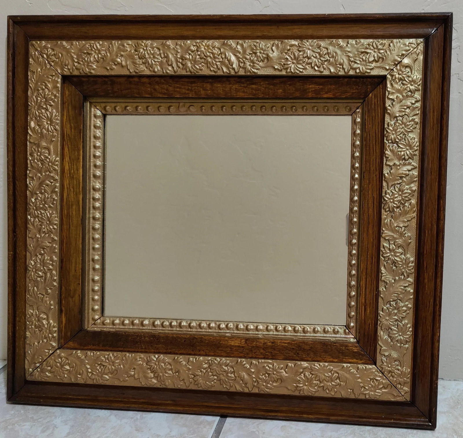 Antique Oak Wood Frame W/ Ornate Gesso -Flowers and Leaves Frame/ Mirror - 13