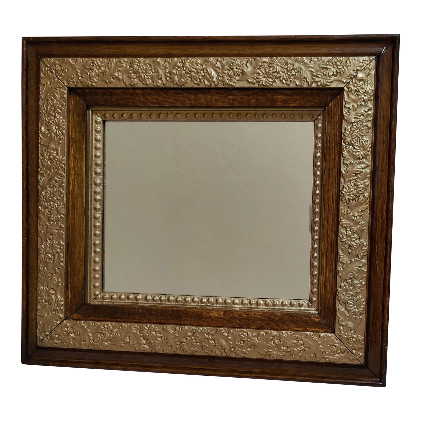 Antique Oak Wood Frame W/ Ornate Gesso -Flowers and Leaves Frame/ Mirror: Up for sale is this Antique oak and gilded wood frame. Decorated in gold flowers and leaves in gesso and the mirror with a boarder in a dot trim in gold gesso. The wood is a darker brown/mahogany . Th