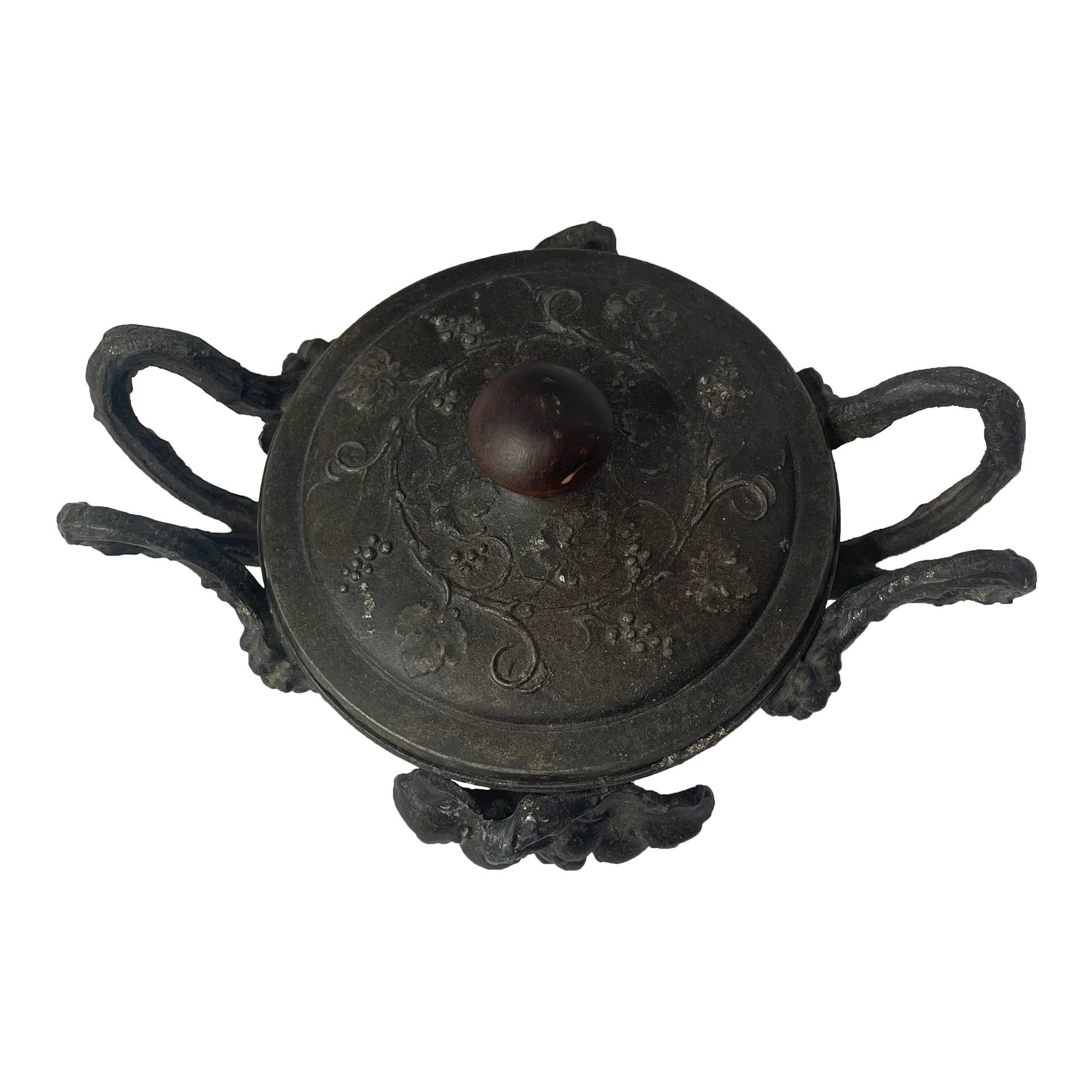 19th Century Grand Tour Italian Grape Vine Motif Small Bronze Twin Handled Urn: This 19th-century twin-handled urn features a beautiful grapevine motif in Italian style. With a small size of 4.5 inches in height and 6.25 inches in width, it is perfect for decorative purposes.